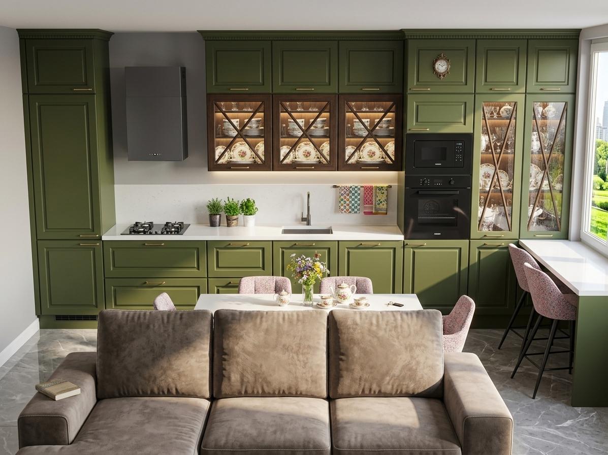 An incredibly lifelike, richly detailed, photorealistic interior photo of a modern kitchen with Victorian undertones, set in a sun-drenched urban apartment during a bright midday in summer. The scene is illuminated by soft, natural light streaming in from a large window, creating a warm and inviting atmosphere. Captured with a wide-angle lens, emphasizing the spaciousness and elegant design, the olive-green cabinetry, reminiscent of classic Victorian palettes, takes center stage. This rich hue is complemented by a soft, neutral grey on the walls, creating a sophisticated backdrop. The cabinetry features intricate detailing, glass-fronted upper cabinets displaying pristine white dinnerware, and decorative glass panels showcasing colorful decorative plates, all illuminated by subtle interior lighting. A sleek dark grey range hood hovers above a matching stovetop, adjacent to a pristine white quartz countertop. Integrated black microwave and oven units add a touch of modern functionality. In the foreground, a plush, taupe sectional sofa offers comfortable seating, facing a sleek white dining table adorned with chairs upholstered in a delicate pink and grey speckled fabric. A smooth, marble-like tiled floor reflects the ambient light, enhancing the overall sense of opulence and tranquility. The composition draws the eye from the foreground seating arrangement towards the inviting kitchen, with the bright window view offering a glimpse of a lush green landscape, suggesting a peaceful summer day outside.