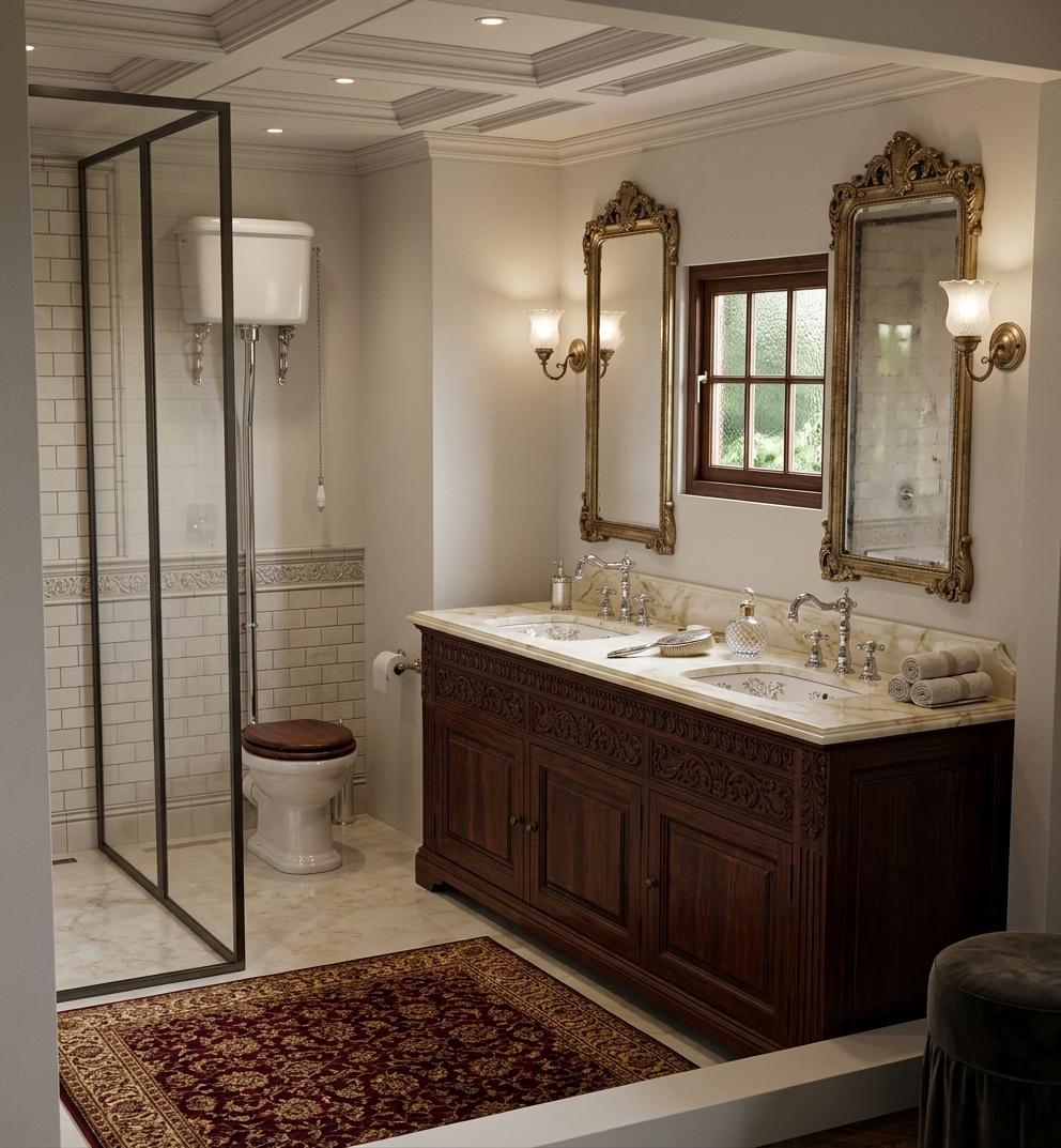 An incredibly lifelike, richly detailed, photorealistic interior photograph of a luxurious bathroom infused with Victorian elegance. The scene is illuminated by soft, ambient light filtering in from a window and subtle recessed lighting, creating a serene and sophisticated atmosphere. Captured with a wide-angle lens, it emphasizes the polished marble vanity top, the gleaming chrome faucets of the double basin sinks, and the rich, dark wood cabinetry with intricate detailing. A freestanding porcelain toilet sits gracefully within a glass-enclosed shower stall, reflecting the subtle sheen of the tiled walls. Hanging above the vanity, two ornate, gilded mirrors reflect the soft light, framed by wall sconces with delicate glass shades. A plush Persian rug with deep crimson and gold patterns lies on the floor, adding a touch of warmth and opulence. The overall impression is one of timeless grandeur and meticulous craftsmanship.