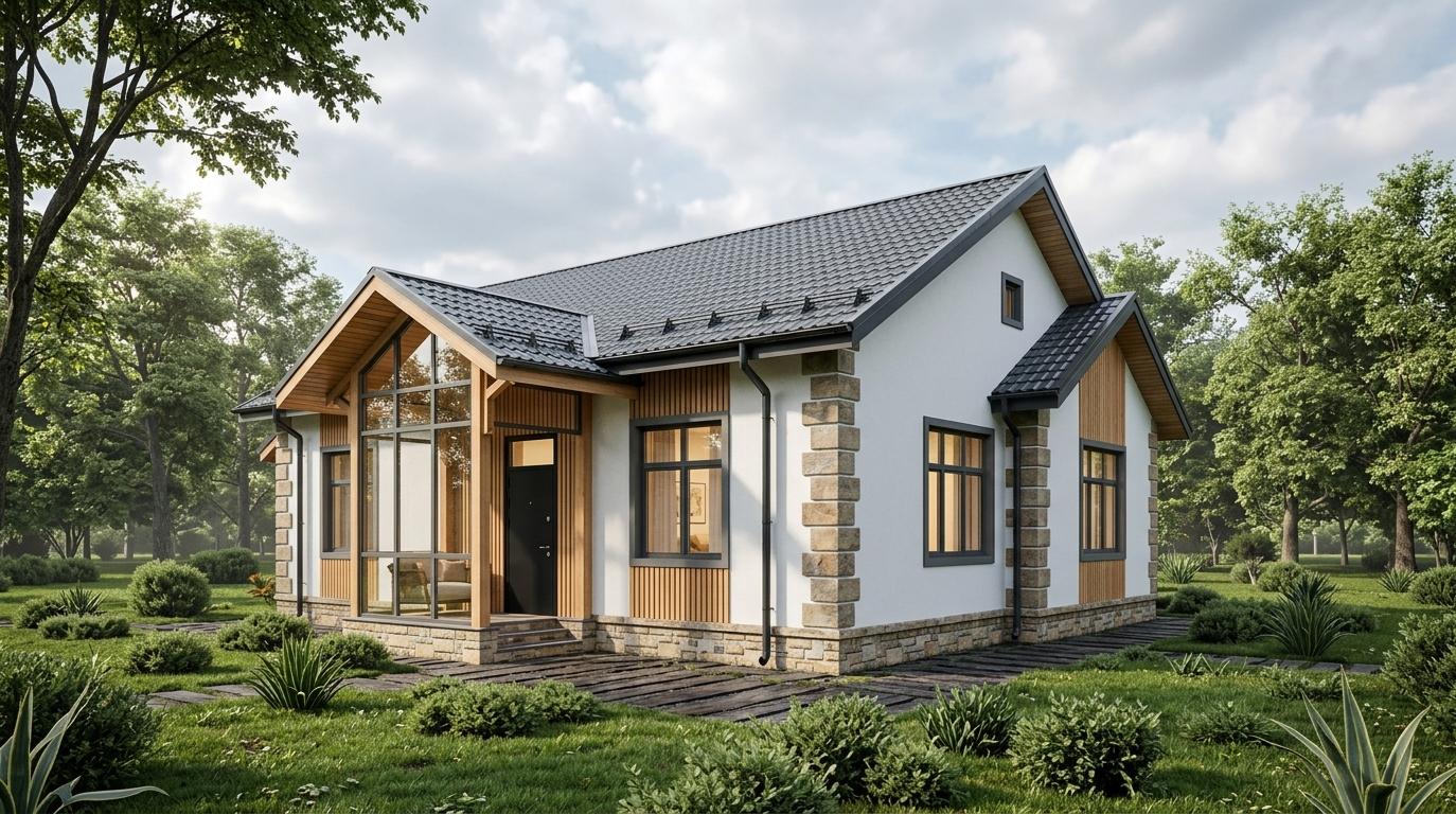 An incredibly lifelike, richly detailed, photorealistic architectural photo of a modern home nestled within a serene, leafy environment. The scene is illuminated by soft, diffused daylight filtering through a partly cloudy sky, creating a gentle and inviting atmosphere. Captured with a wide-angle lens, emphasizing the home's clean lines and the depth of the surrounding landscape, the image showcases a harmonious blend of textures and materials. The facade is a striking combination of crisp white stucco and meticulously installed vertical wooden slats in a warm, natural wood tone, exuding an organic elegance inspired by Indian exuberance. Dark gray window frames and steel-colored sills create a sharp contrast, framing views of the lush greenery outside. The entrance features a solid black metal door and a covered porch with natural wood accents, leading to steps and a terrace finished in complementary wood tones. A dark gray metal tile roof, equipped with snow guards, crowns the structure, complemented by a sleek black gutter system. The home's foundation is clad in natural stone, adding a grounded, textured element that enhances the house's architectural integrity. Scattered bushes and precisely manicured grass beds adorn the foreground, with mature trees forming a verdant backdrop, their leaves rendered with incredible detail. The overall impression is one of sophisticated comfort and understated luxury, presented in a style that honors both modern design principles and natural beauty.