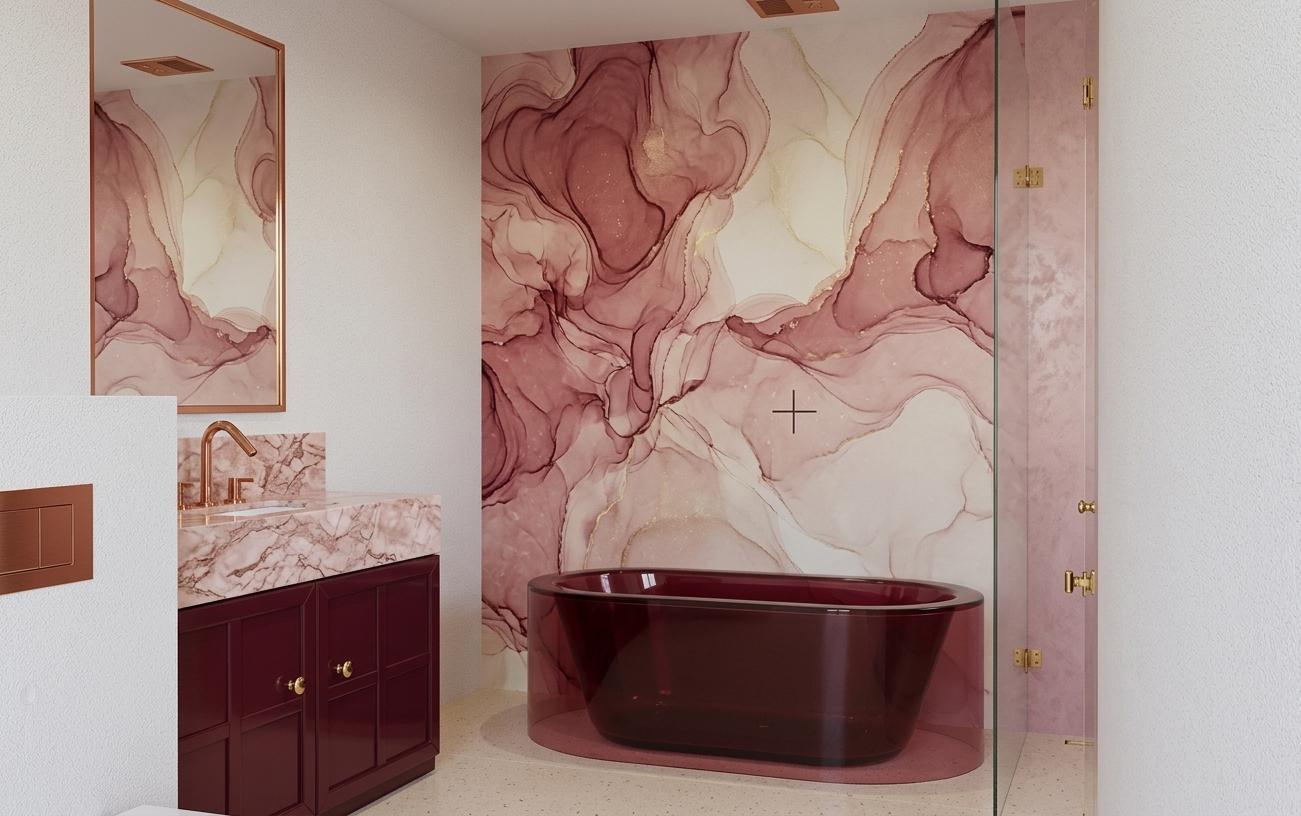 An incredibly lifelike, richly detailed, photorealistic interior photo of a luxurious bathroom set in an elegant Victorian-inspired home. The scene is illuminated by soft midday light, suggesting a tranquil spring day, creating a serene and inviting atmosphere. Captured with a wide-angle lens, emphasizing the opulent materials and refined design. The centerpiece is a stunning vanity, featuring a pink marble countertop with intricate veining, complemented by shimmering copper taps. Below, a deep burgundy vanity cabinet with classic paneling adds a touch of dramatic color. The backdrop is adorned with a striking wallpaper showcasing abstract, fluid patterns in shades of deep rose and cream, hinting at the organic beauty of ink in water. A freestanding burgundy bathtub, rendered with a subtle translucency, promises a spa-like experience. To the right, a sleek glass shower panel separates the bathing area, with the adjacent walls finished in a contemporary pink microcement texture that subtly catches the light. The floor is a sophisticated expanse of light beige quartz, offering a refined contrast. The textured white walls, with a finely stuccoed finish, add further depth and tactile richness to the composition.