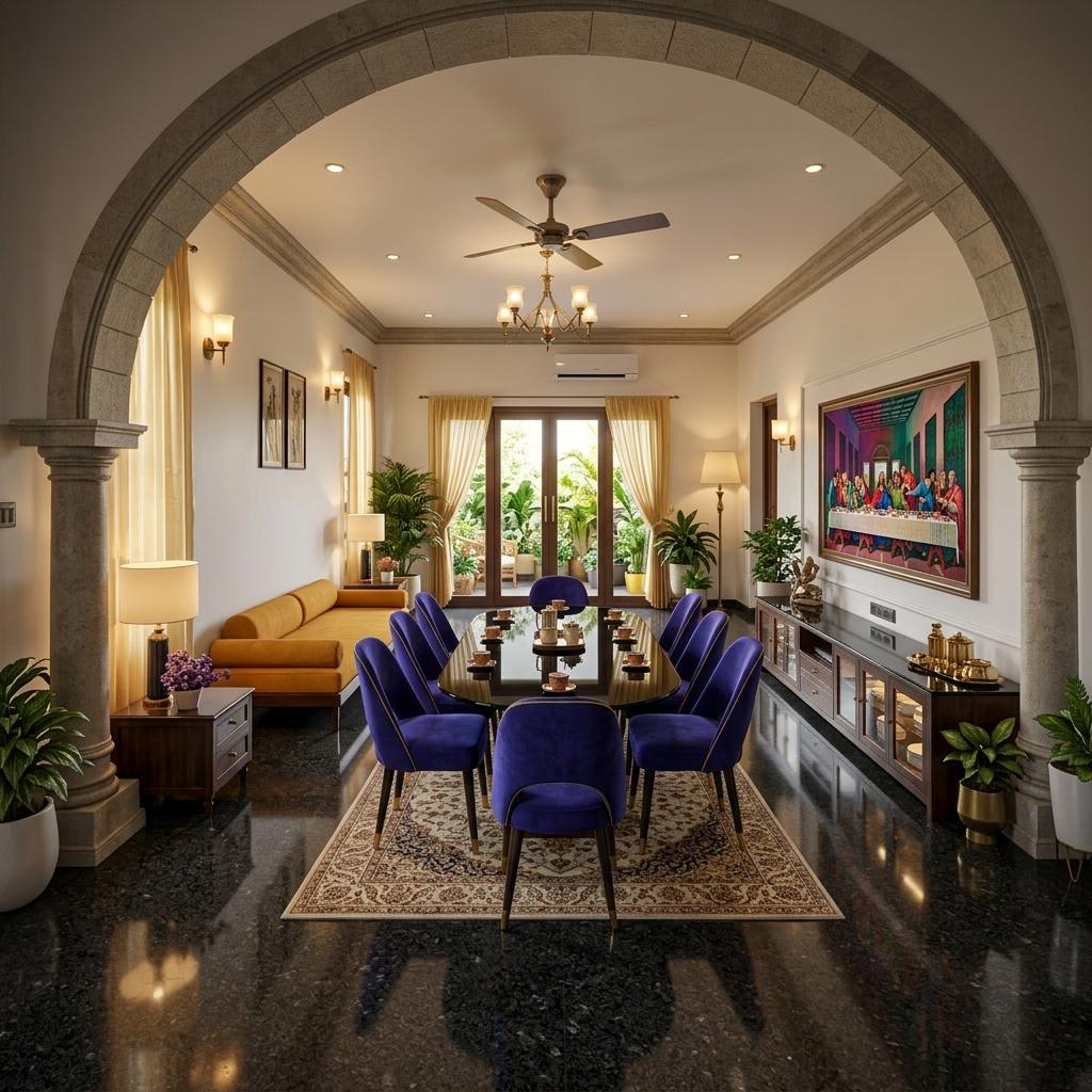An incredibly lifelike, richly detailed, photorealistic interior photo of a dining room set in a grand Indian home. The scene is illuminated by a blend of warm, ambient light from elegant wall sconces and the soft, diffused glow from sheer curtains, creating a welcoming and sophisticated atmosphere. Captured with a wide-angle lens, emphasizing the opulent textures of polished dark granite floors, rich wooden cabinetry, and the inviting sheen of a black glass dining table. The original living room has been transformed into a dining space, featuring an elongated oval black glass dining table that comfortably seats eight, with two chairs along each side and one at each end. These chairs are upholstered in a vibrant indigo velvet, offering a striking contrast to the neutral tones of the room, and complemented by subtle gold accents. Against one long wall stands a sleek, dark wood crockery cupboard with glass fronts, showcasing fine Indian porcelain and brassware, crowned with a framed, contemporary interpretation of "The Last Supper" in bold, jewel-toned hues. The opposite wall features large, floor-to-ceiling windows draped in sheer golden silk curtains, through which glimpses of a lush, sun-drenched garden can be seen, and a low-profile, backless sofa in a rich saffron fabric provides an understated seating area. The far wall is dominated by a set of elegant glass doors that open onto a small, plant-filled sit-out, seamlessly blending the indoor and outdoor spaces with an abundance of greenery and natural light. The existing patterned rug remains, adding a layer of warmth and texture underfoot, thoughtfully tying together the rich Indian-inspired palette of vibrant blues, saffron yellows, and deep reds, all rendered with a minimalist and classy aesthetic that balances exuberance with refined elegance.
