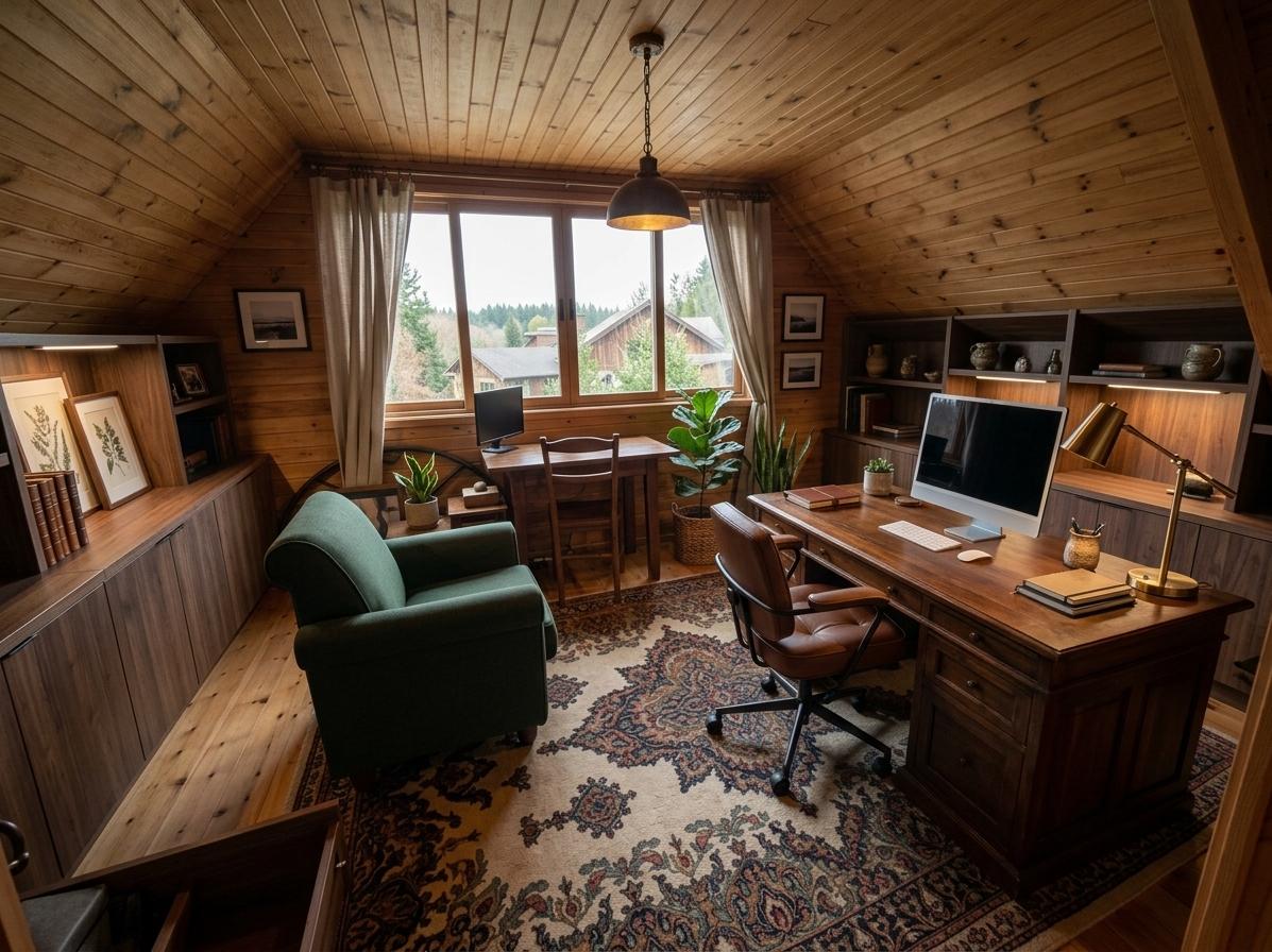 An incredibly lifelike, richly detailed, interior photo of a rustic home office set in a cozy attic room. The scene is illuminated by soft, diffused natural light streaming through a large window and warm, directional ceiling lighting, creating a peaceful and inspiring atmosphere. Captured with a wide-angle lens, emphasizing the rich textures of natural wood paneling on the walls and ceiling, the intricate patterns of a large oriental rug, and the woven fabric of a comfortable armchair.

This reimagined design embraces a sophisticated rustic aesthetic, aiming to transform the current storage-focused space into a functional and aesthetically pleasing home office. The existing wooden paneling of the attic is retained, its warm tones providing a natural foundation. However, the clutter of clothing racks is replaced by custom-built, built-in cabinetry with clean lines and dark wood fronts, offering ample storage for office supplies and personal items. The oriental rug is kept, grounding the space with its rich colors and patterns, but a smaller, more minimalist rug could be layered on top or an alternative with a subtler pattern introduced.

The single armchair is replaced with a more ergonomic and stylish seating option, perhaps a leather executive chair or a comfortable, upholstered armchair in a muted forest green or deep navy. A large, solid wood desk with ample surface area is positioned to take advantage of the natural light from the window, offering unobstructed views. Instead of the current simple wooden table and chair, this desk is a statement piece, perhaps with a live edge or a dark, distressed finish.

The lighting scheme is enhanced with a blend of ambient and task lighting. The existing ceiling fixture is replaced with a statement pendant light that casts a warm glow. Discreet under-cabinet lighting illuminates the desk area, and a stylish desk lamp adds a personal touch and functional illumination. The dated curtains are swapped for linen or sheer drapes in a neutral tone, allowing maximum light penetration while providing a touch of softness.

The decorative elements are curated to enhance the rustic charm without overwhelming the space. Think framed botanical prints, handcrafted ceramic pieces, and a few well-chosen books. A live plant or two would bring a touch of nature indoors. The overall composition is balanced, with the desk as the focal point, flanked by storage on either side. The armchair is placed in a reading nook by the window, creating a dual-purpose space for both work and relaxation.

The external view from the attic window, showing a serene landscape of trees and distant rooftops, is a key element to be preserved and celebrated. The new design ensures this view remains unobstructed, becoming a natural piece of art within the office. The time of day is envisioned as late morning or early afternoon, when the sunlight is bright but not harsh, casting long, gentle shadows that highlight the wood textures and create a welcoming atmosphere. This reimagined attic office is a sanctuary of productivity and calm, a space that feels both grounded in nature and refined in its design, fostering creativity and well-being.