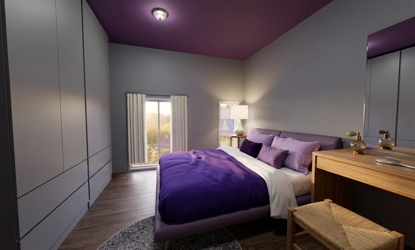 An incredibly lifelike, richly detailed, photorealistic interior photo of a bedroom set in a modern Victorian-inspired home. The scene is illuminated by the soft, warm glow of sunrise, casting long shadows and creating a serene, elegant atmosphere. Captured with a wide-angle lens, the composition emphasizes the rich textures and deep hues of the space. The ceiling is a striking shade of deep amethyst, contrasting with the cool, sophisticated grey walls that lend an air of calm refinement. Underfoot, the dark wood plank flooring grounds the room, its subtle grain patterns adding depth. A plush bed, draped in a vibrant royal purple comforter and accented with lavender pillows and crisp white bedding, forms the room's centerpiece. To the left, a wall of sleek, minimalist wardrobes in muted grey offers ample storage, their clean lines a testament to modern design. A tall, slender lamp with a classic white shade stands beside the bed, its warm light creating a cozy ambiance. To the right, a light wood vanity or dresser provides a functional and aesthetically pleasing surface, reflecting the subtle light. White curtains with subtle pleating hang elegantly at a large window, allowing the morning light to stream in, hinting at an outdoor scene rendered with soft focus. This rendering masterfully balances opulent color choices with clean lines, evoking a sense of tranquil luxury and timeless elegance.