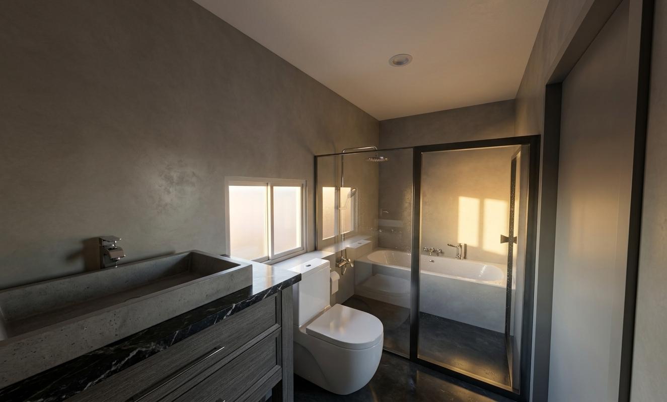 An incredibly lifelike, richly detailed, photorealistic interior photo of a luxurious bathroom, imbued with subtle Victorian elegance, set within a modern dwelling bathed in the soft, warm glow of sunrise. The scene is softly illuminated by the gentle morning light, creating a serene and tranquil atmosphere. Captured with a wide-angle lens, emphasizing the spacious layout and the interplay of light and shadow across the sophisticated finishes. The walls gleam with a sophisticated matte grey, providing a calming backdrop to the sleek, elongated double vanity with its integrated basin, topped with a striking dark, veined stone countertop. Adjacent to this, a sculptural, contemporary toilet stands ready, its pristine white form contrasting elegantly with the darker tones. The focal point of the room is the glass-enclosed shower and bathtub area, where chrome fixtures catch the light, hinting at a spa-like experience. A simple, dual-pane window allows a glimpse of natural light, subtly reinforcing the sense of a new day beginning. The flooring appears to be a dark, polished material, reflecting the soft light and adding to the room's refined ambiance. The overall composition draws the eye from the inviting vanity and toilet towards the inviting bathing area, with subtle architectural details – the minimalist ceiling light, the clean lines of the door frame – all contributing to a feeling of understated opulence.