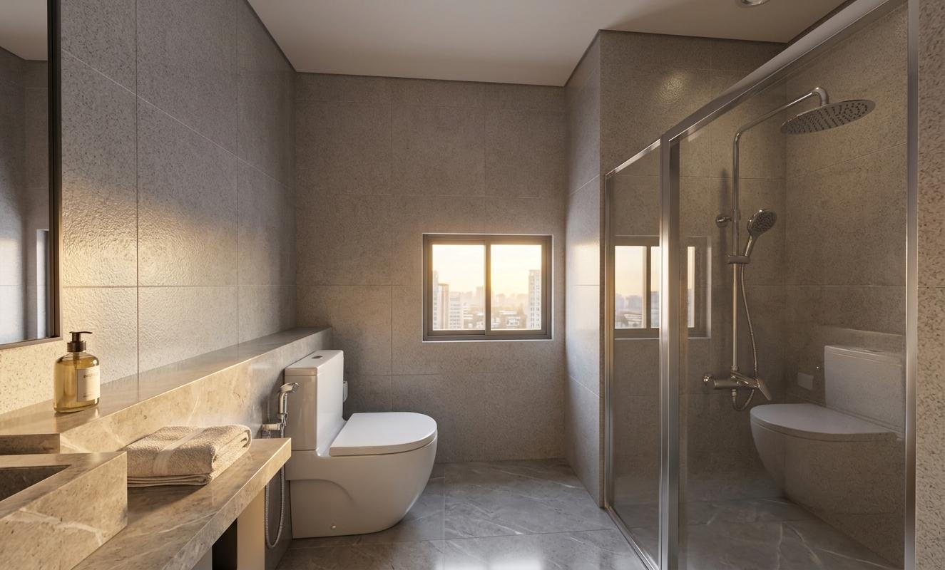 An incredibly lifelike, richly detailed, photorealistic interior photo of a modern bathroom set in a luxurious urban dwelling. The scene is illuminated by the soft, warm glow of sunrise, casting gentle shadows and creating a serene, tranquil atmosphere. Captured with a wide-angle lens, this rendering emphasizes the clean lines and sleek surfaces of the contemporary design, highlighting the subtle textures of the grey-tiled walls and the polished chrome fixtures of the expansive shower setup and minimalist toilet. The overall impression is one of understated elegance and sophisticated functionality, where the interplay of light and shadow on the cool grey palette evokes a sense of calm and refinement, hinting at a peaceful start to the day.