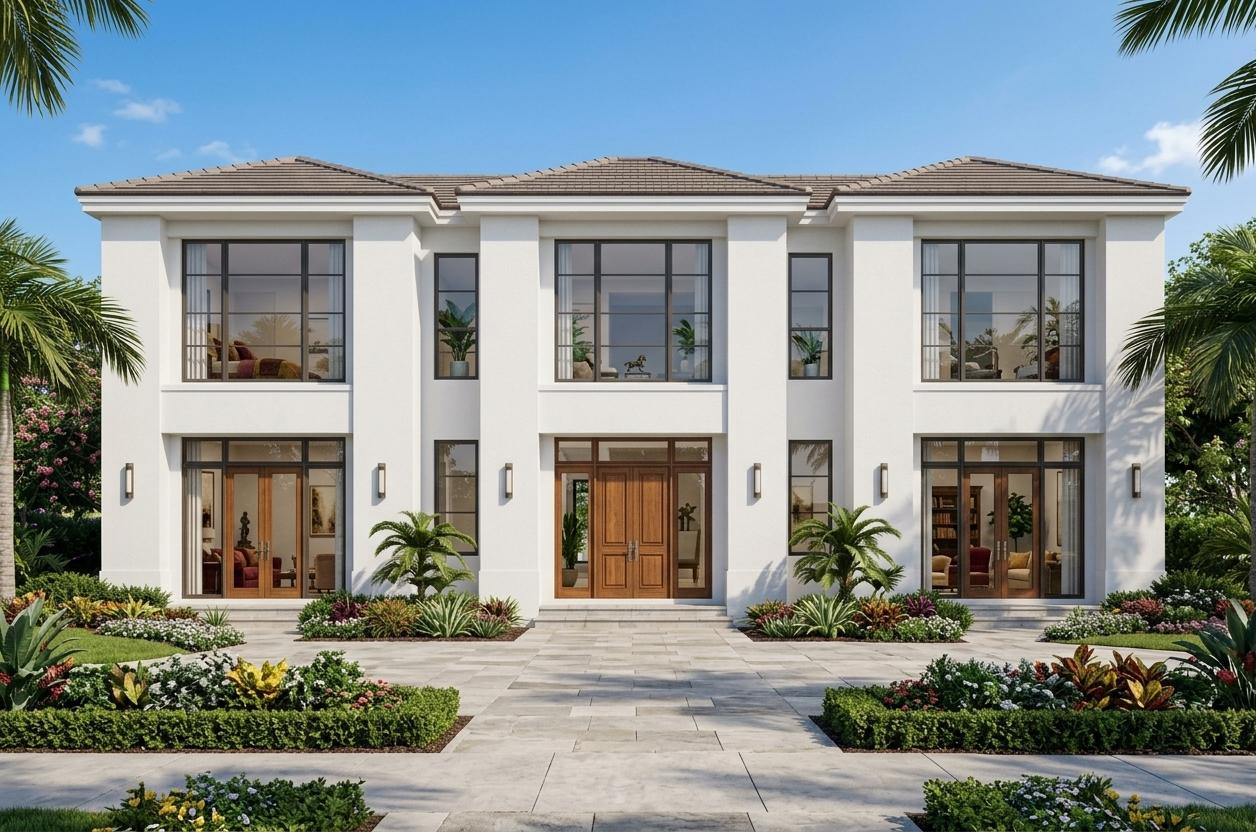 An incredibly lifelike, richly detailed, photorealistic architectural photo of a grand villa bathed in the bright light of a spring midday. The scene is illuminated by clear blue skies and gentle sunlight, casting soft shadows and highlighting the pristine white stucco facade and the warm tones of the wooden double doors. Captured with a wide-angle lens, emphasizing the symmetrical design and the juxtaposition of modern clean lines with hints of Victorian elegance, the rendering showcases the building's imposing presence amidst lush, verdant landscaping. The surrounding environment is a vibrant tapestry of mature palm trees and manicured hedges, suggesting a warm, tropical climate. The tiled roof and the finely detailed stonework accents on the facade add depth and texture. Through the expansive glass windows, glimpses of the interior reveal a sophisticated living room, hinting at plush, upholstered furniture in shades of deep reds, golds, and rich neutrals, with curated surfaces adorned with heirloom decor and indoor plants, creating an atmosphere of opulent, timeless grandeur. The overall composition is balanced and inviting, drawing the viewer's eye towards the central entrance.