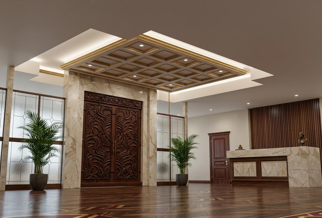 An incredibly lifelike, richly detailed, photorealistic interior photograph of an executive office lobby, evoking Victorian elegance, set within a modern building. The scene is illuminated by soft, diffused overhead lighting, creating a sophisticated and inviting atmosphere. Captured with a wide-angle lens, emphasizing the opulent textures of marble-clad columns and a coffered ceiling with intricate detailing. The main focal point is a grand, ornate doorway with intricately carved panels, flanked by large, frosted glass partitions. A prominent reception desk, also finished in detailed marble, stands to the right, complemented by a wall clad in warm, vertical wood slats. The floor is covered in a rich, dark hardwood with a polished gleam. Subtle hints of deep reds, golds, and rich neutrals might be suggested through curated surfaces and potential heirloom decor, while indoor plants could add touches of life to this timeless and grand space, imbuing the scene with a sense of established luxury.