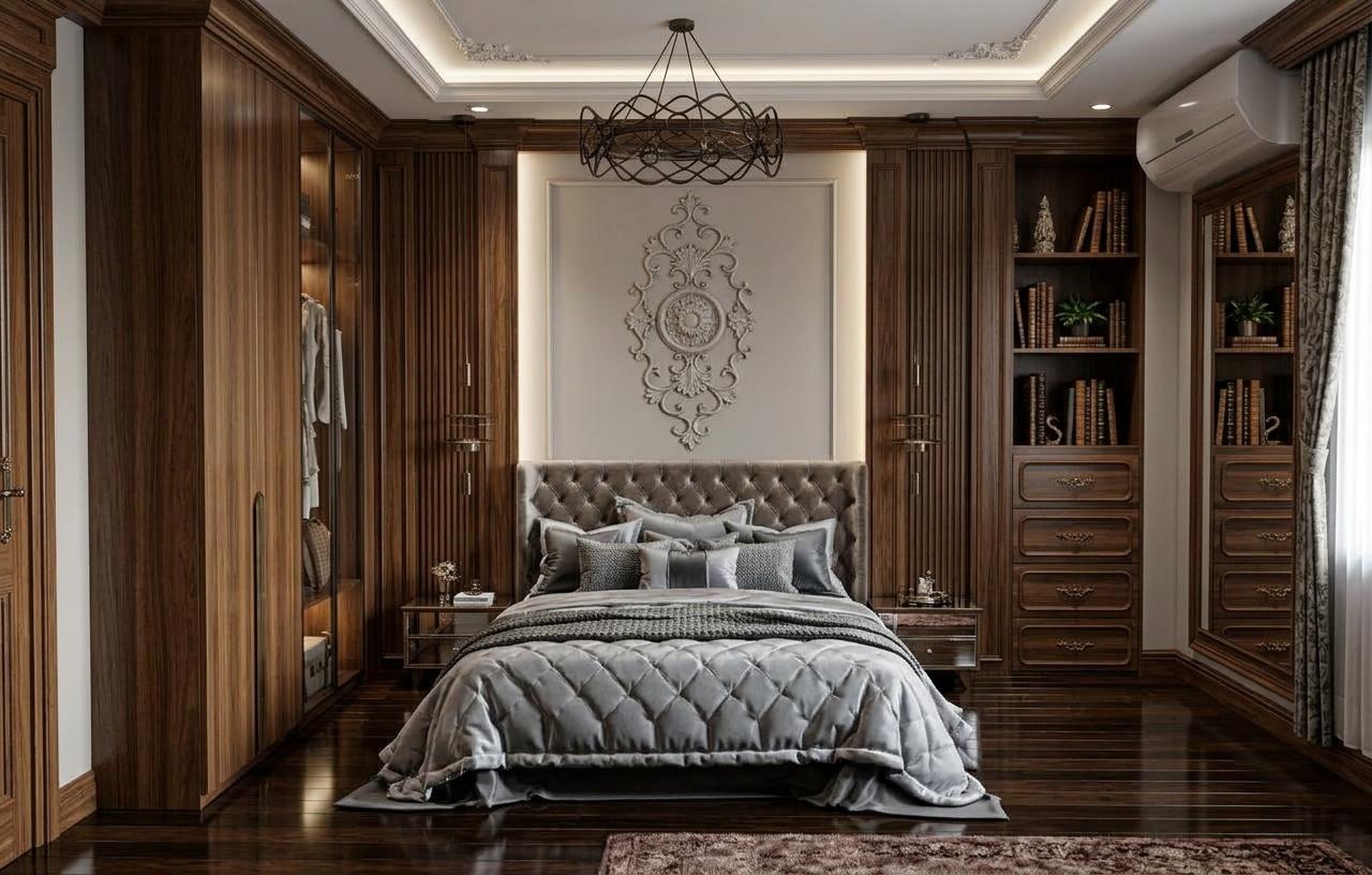 An incredibly lifelike, richly detailed, photorealistic interior photo of a bedroom designed with Victorian elegance. The scene is illuminated by soft, ambient light emanating from concealed sources and a dramatic, dark metal chandelier, creating a sophisticated and inviting atmosphere. Captured with a wide-angle lens, emphasizing the luxurious textures and intricate details of the space. The dominant palette of rich browns and warm beige is juxtaposed with the cool tones of the silver bedding and mirrored nightstands. A grand, tufted headboard commands attention as the focal point, flanked by fluted wooden panels and elaborate wall moldings. Floor-to-ceiling wardrobes with rich wood veneer and glass doors flank the bed, offering a glimpse of carefully curated clothing. To the right, a built-in bookshelf and drawers provide elegant storage solutions, stocked with classic literature. The dark, polished wood floor reflects the subtle light, adding depth and dimension to this opulent, timeless bedroom sanctuary.