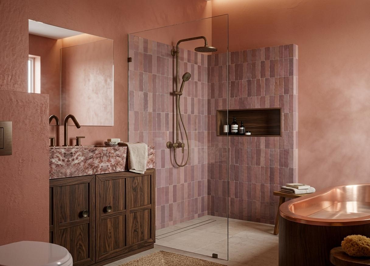 An incredibly lifelike, richly detailed, photorealistic interior photograph of a luxurious bathroom set in a modern classical environment. The scene is illuminated by soft, diffused midday light filtering in, creating a serene and inviting atmosphere with a touch of Victorian elegance. Captured with a wide-angle lens at eye-level, emphasizing the rich textures and sophisticated material palette. The walls, rendered in a sophisticated microcement finish, provide a neutral backdrop to the vibrant pink marble of the vanity countertop. This countertop is elegantly sculpted and houses a sleek, contemporary basin, complemented by warm, brushed gold fixtures. The vanity itself is a deep aubergine hue, featuring refined paneling and circular pulls, exuding a classic charm. Adjacent to the vanity, a sleek glass-enclosed shower enclosure showcases striking purple mosaic tiles that shimmer under the ambient light, hinting at a spa-like experience. Within the shower, a modern brass rainfall showerhead and handheld wand are visible. To the right, a unique element emerges: a transparent bathtub with subtle horizontal ridges, suggesting a sophisticated and modern interpretation of traditional Japanese soaking tubs. The overall composition is balanced, with the vanity and shower occupying the mid-ground, drawing the viewer's eye through the spacious and elegantly appointed room. Reflections in the glass enclosure and the mirror subtly play with the light, adding depth and realism to the tranquil, pink-accented space.