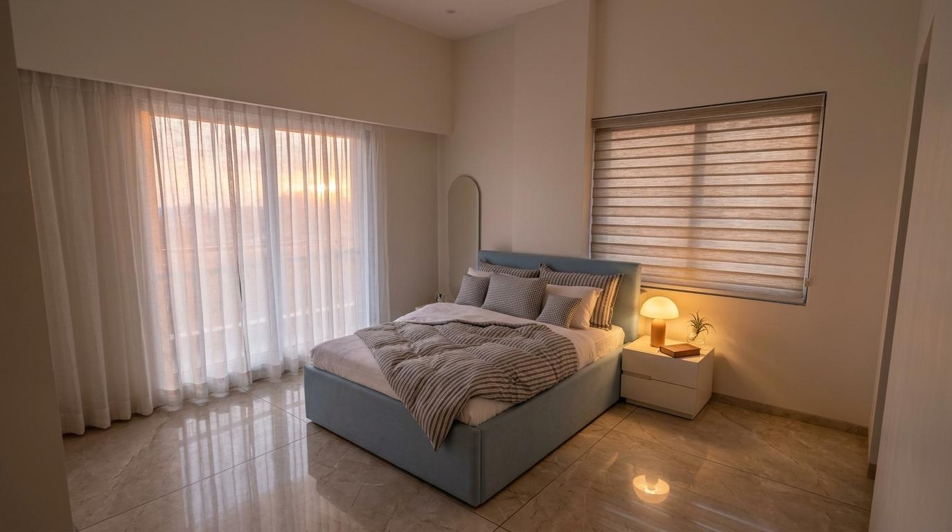 An incredibly lifelike, richly detailed, photorealistic interior photo of a transitional bedroom set in a modern, minimalist space. The scene is illuminated by the soft, diffused light of a sunset, casting a warm and inviting glow that creates a tranquil and slightly nostalgic atmosphere. Captured with a wide-angle lens, emphasizing the clean lines of the light blue upholstered bed, which is dressed in crisp white linens and accented with striped grey and white pillows. The textured headboard subtly contrasts with the smooth, large-format marble-look tiles that cover the floor. Opposite the bed, a simple white nightstand holds a charming mushroom-shaped lamp, its amber glow adding a vintage touch. Sheer, floor-to-ceiling curtains hang on the left, obscuring a window and diffusing the outside light. The overall impression is one of serene comfort, with a hint of vintage charm woven into a contemporary design, trending on Pinterest for its understated elegance.