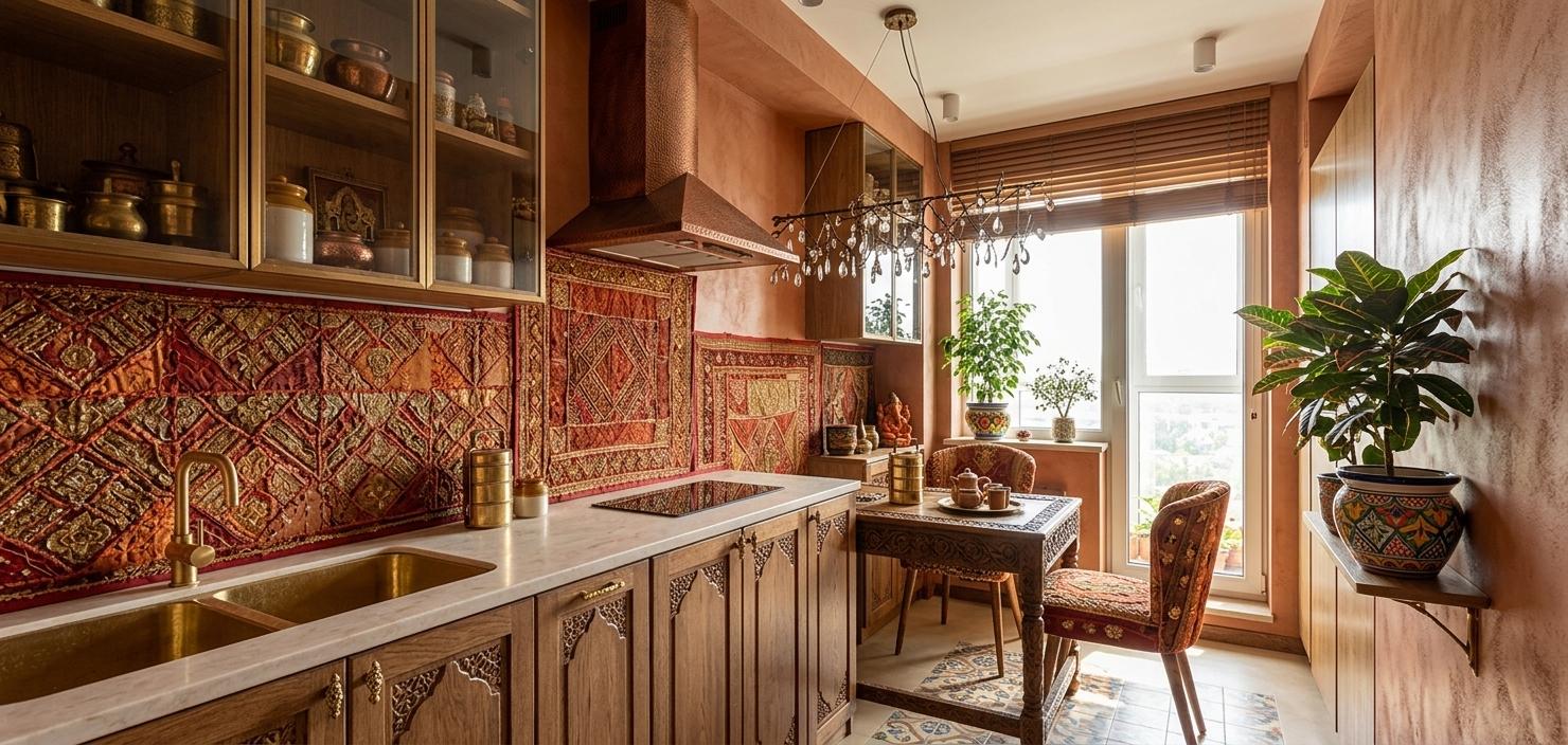 An incredibly lifelike, richly detailed, photorealistic interior photo of a vibrant Indian exuberance-inspired kitchen set in a sun-drenched midday summer. The scene is illuminated by natural light streaming through a large window, creating a warm and inviting atmosphere. Captured with a wide-angle lens, emphasizing the bold, spiritual, and ornate textures of handcrafted Indian textile wall art in rich reds, oranges, and golds that adorn the upper cabinets and backsplashes. Carved wooden and brass furniture pieces, including a dining table and chairs, are strategically placed, their intricate details and opulent finishes reflecting the room's theme. Adorned surfaces, combined with lush indoor plants, further enhance the space's Indian-inspired decor. The overall impression is one of opulence, warmth, and a deep appreciation for intricate, handcrafted artistry, as if pulled from the pages of a high-end photography book showcasing exotic interiors.