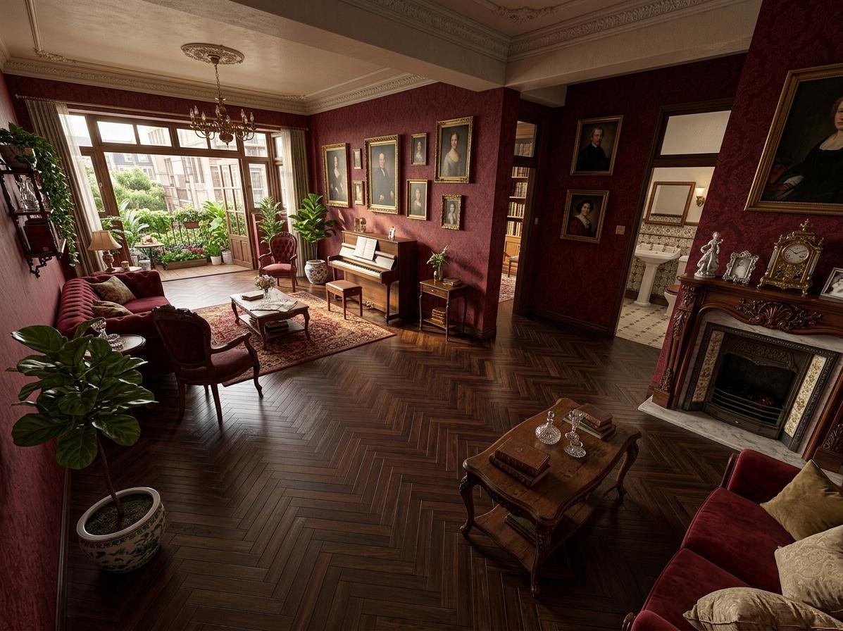 An incredibly lifelike, richly detailed, photorealistic interior photo of a living room set in a grand urban apartment. The scene is illuminated by the soft, diffused light of a late afternoon sunbeams streaming through the large bay window, creating a warm and inviting atmosphere. Captured with a wide-angle lens, emphasizing the Victorian elegance of the space. This reimagined living room embraces a "Victorian Elegance" style, a harmonious blend of ornate detail and sophisticated comfort. The original tiled floor is replaced with rich, dark hardwood, laid in a classic herringbone pattern, its polished surface reflecting the ambient light. Walls are adorned with deep crimson damask wallpaper, a timeless choice that exudes luxury. These walls serve as a backdrop for a curated collection of classic portrait wall art, each frame a testament to artistic mastery. Carved mahogany furniture, upholstered in plush velvet in shades of deep red and rich gold, anchors the space. A grand, antique fireplace, intricately carved, becomes the focal point, with a mantlepiece displaying heirloom decor, such as porcelain figurines and a heavy, ornate clock. The curated surfaces are an assortment of antique side tables and a central coffee table, all bearing the patina of age and history, showcasing fine textiles, antique books, and delicate crystalware. Lush indoor plants, like a tall fiddle-leaf fig in a decorative pot and cascading ivy on shelves, add a touch of natural life and color, softening the rich textures. The layout is carefully balanced, with seating arranged to encourage conversation, and a grand piano placed in a corner, ready to fill the air with music. The overall effect is one of opulent comfort, a sanctuary of timeless beauty and refined living.
