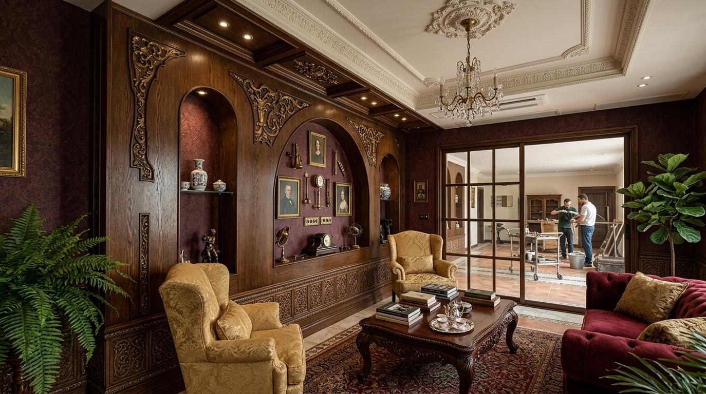 An incredibly lifelike, richly detailed, photorealistic interior photo of a living room set in a grand, opulent Victorian-inspired dwelling. The scene is illuminated by soft, diffused midday summer light streaming through a large sliding glass door, creating a warm, inviting, and sophisticated atmosphere. Captured with a wide-angle lens, emphasizing the intricate details of carved wooden furniture, plush upholstered seating in shades of deep reds and golds, and the rich textures of antique rugs overlaying polished wooden floors. A curated collection of photography books and classic portrait wall art adorns the walls, interspersed with heirloom decor and lush indoor plants, all contributing to an atmosphere of timeless elegance and refined comfort. The spatial layout is designed for conversation and relaxation, with plush seating arranged around a central antique coffee table. The effect is one of profound balance and harmonious proportions, where every element, from the grand architectural details to the smallest decorative object, contributes to a cohesive and luxurious whole.