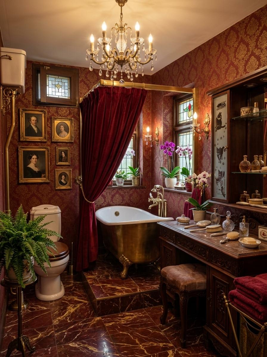 An incredibly lifelike, richly detailed, photorealistic interior photo of a luxurious bathroom set in a grand residence. The scene is illuminated by soft, ambient lighting emanating from an opulent chandelier and strategically placed sconces, creating a warm and inviting atmosphere. Captured with a wide-angle lens, emphasizing the intricate details of Victorian elegance. This reimagined bathroom transcends its original form, embracing a style that is Ornate, Lavish, Sophisticated, Timeless, Grand, Opulent, Antique, Refined, Plush, and Intricate. The walls are adorned with deep red damask wallpaper, complemented by richly veined marble flooring in shades of deep red and gold. The original shower enclosure is replaced by a freestanding, claw-foot bathtub, draped in a velvet curtain. A large, antique carved wooden vanity with an upholstered stool sits in place of the pedestal sink, its surface curated with heirloom decor like silver-backed brushes and crystal perfume bottles. A spacious classic portrait wall art collection graces one wall, adding a personal and historical touch. Plush, deep red towels are neatly folded, and an abundance of indoor plants, like ferns and potted orchids, introduce natural elements and vibrant life. The overall impression is one of timeless luxury and serene indulgence, a sanctuary where every detail speaks of refined elegance and a deep appreciation for history.