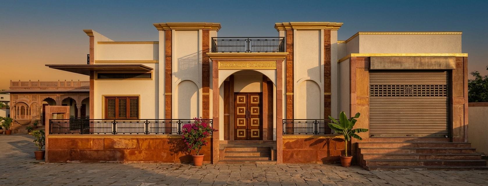 An incredibly lifelike, richly detailed, photorealistic architectural photograph of a grand house exterior set in a warm, sun-drenched environment.  The scene is illuminated by the soft glow of a late afternoon sun, casting gentle, elongated shadows and creating a vibrant, opulent atmosphere. Captured with a wide-angle lens, emphasizing the ornate facade with its textured, earth-toned stone accents and the gleaming gold detailing on the cornices and the central arched doorway; the intricate black wrought-iron railings add a touch of handcrafted elegance. Traditional Indian architectural elements are apparent, hinting at a rich cultural influence, with the central entrance featuring an elaborate wooden door suggesting a handcrafted aesthetic. The main structure, rendered in a warm off-white, is contrasted by the deep reds and oranges of the stone cladding, reminiscent of vibrant Indian textiles. To the right, a modern roller shutter door, detailed with a decorative grille, offers a surprising juxtaposition, yet is softened by the surrounding opulence. In the background, a glimpse of a more traditional Indian courtyard structure with its own detailed facade peeks through, adding depth and context. The overall impression is one of handcrafted splendor and spiritual warmth, evoking the rich tapestry of Indian decoration and design within a residential setting.