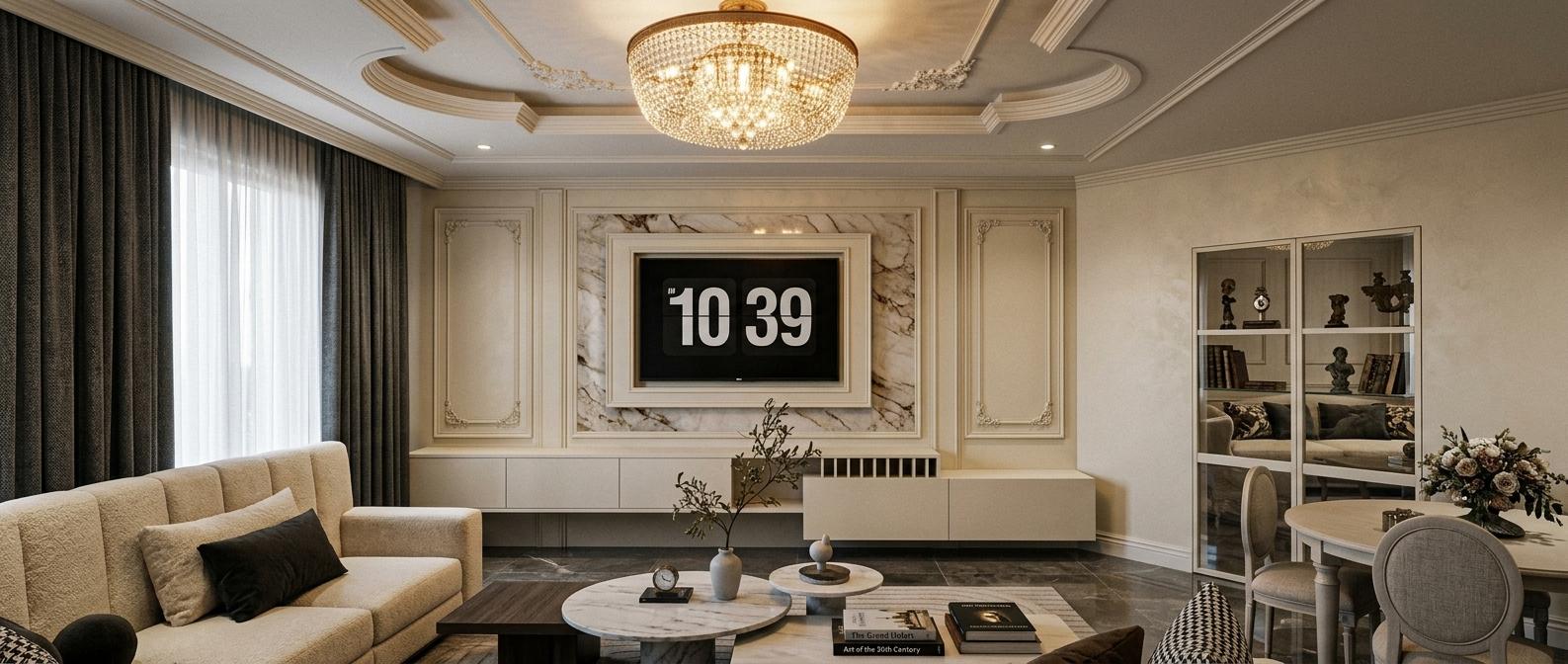 An incredibly lifelike, richly detailed, photorealistic interior photo of a vintage living room set in a sophisticated urban apartment. The scene is illuminated by a combination of soft, diffused ambient light and the warm glow from a dramatic crystal chandelier, creating an elegant and inviting atmosphere. Captured with a wide-angle lens, emphasizing the spaciousness and the luxurious materials like rich marble cladding on the feature wall and polished dark stone floor underfoot. The focal point is a large, wall-mounted television displaying a retro digital clock, framed by ornate, cream-colored paneling. To the left, a plush sectional sofa with dark accent pillows hints at comfort, draped by heavy, textured charcoal curtains that add a touch of drama. On the right, a glass-fronted display cabinet showcasing antique decorative pieces and plush cushions reflects the interior's vintage charm, while a glimpse of a dining set with upholstered chairs suggests a seamless flow between living and dining areas. The composition is balanced, drawing the eye from the intricate ceiling details with their layered moldings and stucco work, down to the carefully arranged coffee table with its selection of art books and minimalist decor. The subtle depth of field blurs the background slightly, ensuring that every detail of the central entertainment unit and the adjacent display cabinet is rendered with exquisite clarity, making this a trending image on Pinterest for discerning design enthusiasts.