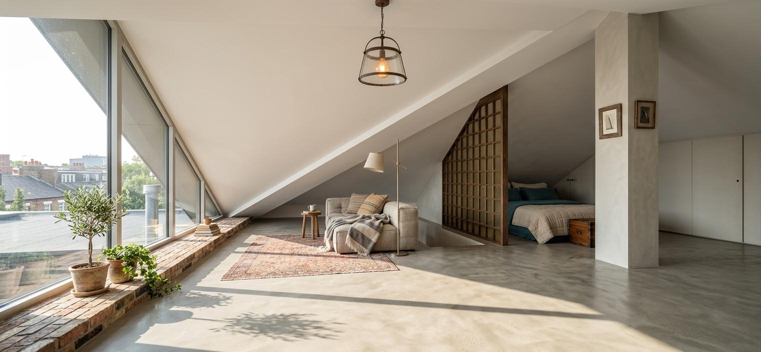 An incredibly lifelike, richly detailed, photorealistic interior photo of a modern attic living space with a French country charm, bathed in the warm glow of midday summer sun. The scene is illuminated by natural light streaming through a dramatic, angled window wall, creating a bright and airy atmosphere with long, soft shadows cast across the polished concrete floor. Captured with a wide-angle lens, emphasizing the expansive feel of the unconventional floor plan, the rendering showcases a deep, plush sofa adorned with a soft throw and a minimalist floor lamp, a stylized patterned screen subtly dividing the space, and a cozy bed dressed in serene teal bedding. A custom-designed pendant light fixture hangs from the sloped ceiling, adding a touch of rustic elegance. Lush potted plants are strategically placed near the window, bringing a touch of the outdoors in, and a richly textured area rug anchors the seating area, adding warmth and depth. The surrounding exposed brick element along the window base provides a grounded, classic contrast to the contemporary architecture, hinting at the building's potential urban context.