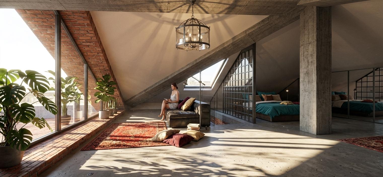 An incredibly lifelike, richly detailed, photorealistic interior photo of an industrial loft set in an attic. The scene is illuminated by bright midday summer sun streaming through a large, angled window, dappling the floor with light and creating a warm, inviting atmosphere. Captured with a wide-angle lens, emphasizing the expansive, open-plan living space with its raw, exposed architectural elements. Chunky grey concrete beams contrast with warm, exposed red brickwork along the window ledge and a plush, old red rug placed near a dark leather sofa. Decorative pillows, in varied textures and sizes, are artfully arranged on the sofa and a few are casually strewn on the floor, adding to the lived-in feel. A sleek, floor-to-ceiling glass partition with a grid pattern divides the living area from a cozy bedroom with a teal-teal duvet and pillows. A striking, large ceiling chandelier hangs centrally, its industrial design coordinating with the overall aesthetic. Several large potted plants are strategically placed near the window, bringing a touch of nature's organic shapes into the angular loft environment.