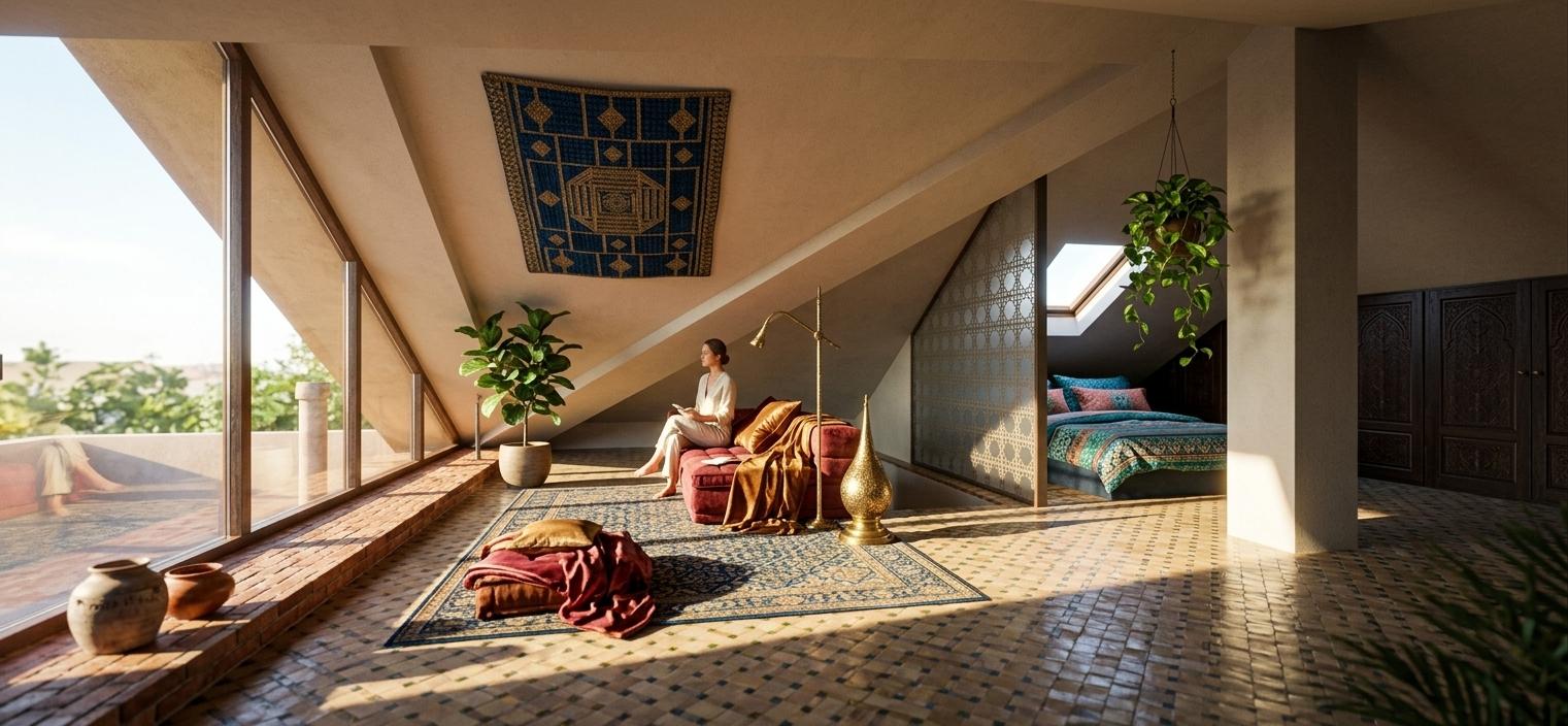 An incredibly lifelike, richly detailed, photorealistic interior photo of a Moroccan-inspired attic space set in a vibrant, sun-drenched summer midday. The scene is illuminated by warm, natural light streaming in through a sweeping, angled series of large windows, casting long, dramatic shadows that create a sensually atmospheric and inviting mood. Captured with a wide-angle lens, emphasizing the textured, deep blue and gold geometric wall art and the rich, dark carved wooden furniture juxtaposed against patterned surfaces. The space features a comfortable, low-slung sofa with plush, folded textiles in shades of red and gold, adjacent to an ornate brass floor lamp. A frosted glass partition with a intricate grid pattern subtly divides the open-plan area, hinting at a sleeping nook with a bed dressed in vibrant blues and greens. The exposed brickwork along the base of the windows adds rustic warmth, while strategically placed indoor plants introduce a touch of natural vitality, completing this exotic and opulent vision.