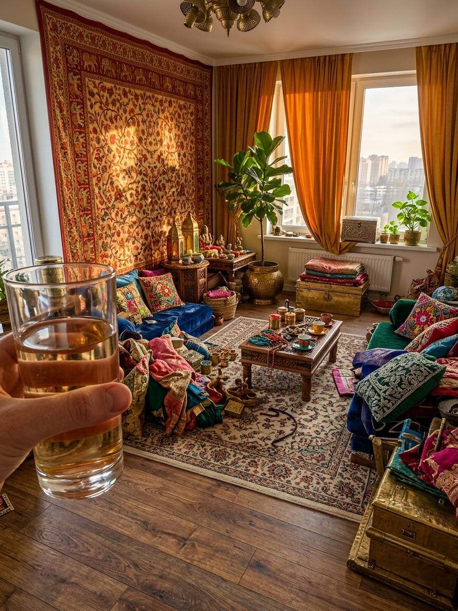 An incredibly lifelike, richly detailed, photorealistic interior photo of a living room set in a modern apartment. The scene is illuminated by soft, ambient light filtering through sheer drapes, creating a warm and inviting atmosphere. Captured with a wide-angle lens, emphasizing the rich textures of Indian textiles and the ornate details of the furniture. This reimagined living room bursts with "Indian exuberance," a vibrant and spiritual space designed for relaxation and conversation. The walls, adorned with intricate Indian textile wall art in shades of rich reds, oranges, and golds, create a striking backdrop. Carved wooden and brass furniture, from intricately detailed side tables to a plush, low-slung sofa upholstered in a deep jewel-toned fabric, fills the space. Surfaces are adorned with handcrafted decorative elements, brass lanterns, and colorful ceramic pottery. Lush indoor plants, including a towering fiddle-leaf fig in a decorative brass planter, add life and freshness to the opulent setting. The original floor, a light wood laminate, is now softened by a large, hand-knotted Persian rug with a complex floral pattern. The windows, once bare, are now framed by heavy velvet curtains in a deep saffron hue, partially drawn to allow dramatic shafts of sunlight to play across the room. This design achieves a harmonious balance between bold colors and intricate details, creating a space that is both visually stimulating and deeply comforting. The composition is intentionally asymmetrical, with a cluster of seating around a central, carved wooden coffee table, encouraging intimate interaction. The overall impression is one of an opulent, yet grounded, sanctuary, a vibrant slice of an Indian bazaar brought indoors, inviting one to linger and explore.