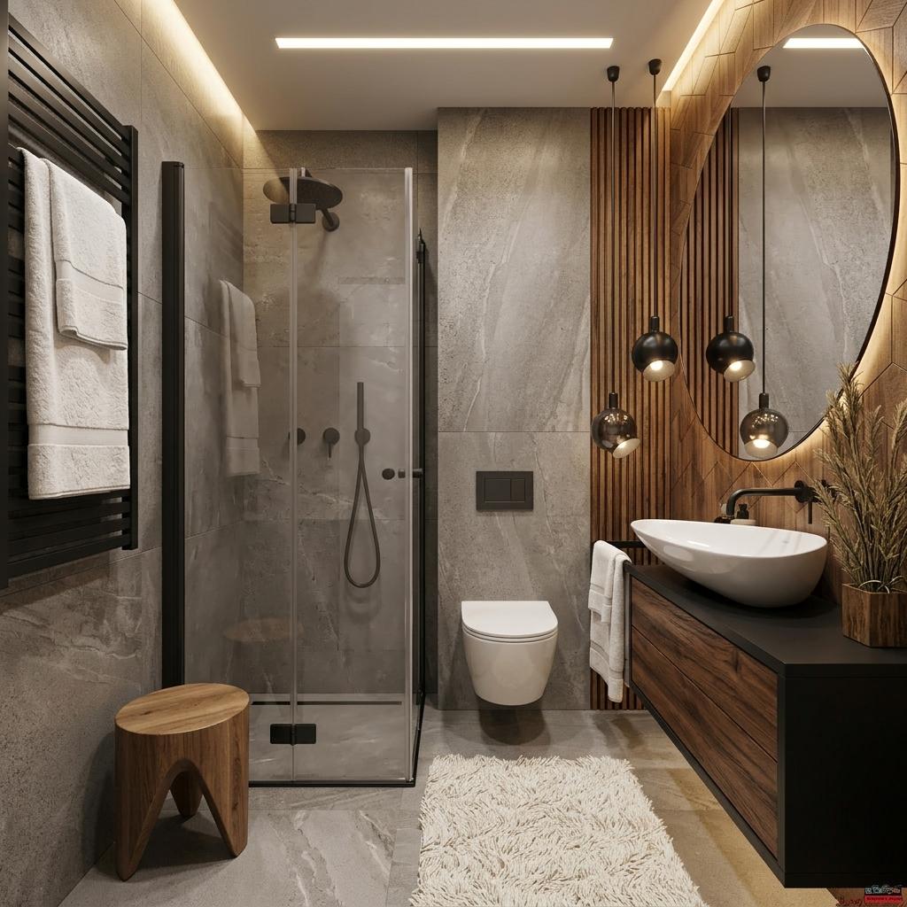 An incredibly lifelike, richly detailed, photorealistic interior shot of a luxury hotel bathroom set in a contemporary urban environment. The scene is illuminated by a sophisticated blend of warm ambient light emanating from a linear ceiling fixture and focused downlights, creating an inviting and opulent atmosphere. Captured with a wide-angle lens from a slightly low vantage point, the rendering emphasizes the masterful interplay of textures and materials, from the large-format, matte grey tiles on the walls and floor to the warm, vertically slatted wood paneling that adds organic sophistication. The modern fusion design is evident in the sleek, wall-mounted toilet with its concealed flush plate, the frameless glass shower enclosure showcasing minimalist black fixtures, and the striking vanity featuring a vessel sink atop a dark, matte base with rich wooden drawers that exude quality. A plush, high-pile rug softens the stone flooring, while a sculptural wooden stool adds an artisanal touch. The focal point of the vanity area is the large, organically shaped mirror reflecting the exquisite pendant lighting, a cascade of dark, globe-shaped fixtures that add a dramatic, luxurious flair. A minimalist black heated towel rack on the left, laden with fluffy white towels, and a strategically placed potted plant with tall, dry grasses introduce subtle touches of natural refinement, rounding out this exquisite hotel bathroom rendering.