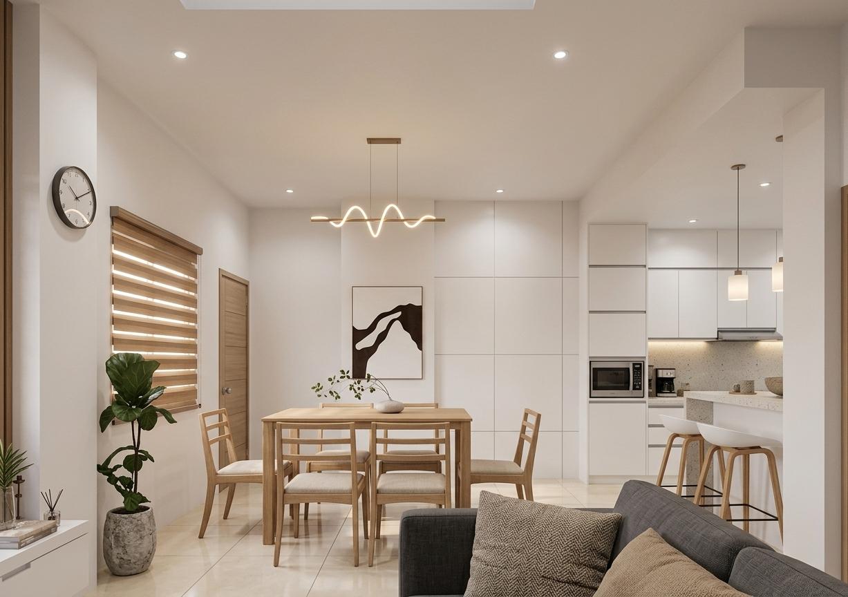 An incredibly lifelike, richly detailed, photorealistic interior photo of a modern living and dining area with an adjoining kitchen, set in a contemporary urban dwelling. The scene is illuminated by a soft, diffused ambient light, hinting at a warm, late afternoon sun filtered through sheer blinds, creating a welcoming and serene atmosphere. Captured with a wide-angle lens at eye-level, this photograph emphasizes the seamless flow between distinct zones, drawing the viewer's eye from the comfortable seating area, through the elegantly appointed dining space, and into the sleek, functional kitchen. The walls are a pristine White, contrasting with the warm, light-toned wooden dining furniture and chairs, each featuring a minimalist, slatted design. A large, abstract artwork with organic, dark brown shapes against a white background hangs above the dining table, adding a touch of artistic flair. Subtle recessed ceiling lights provide overall illumination, while a striking, modern pendant light with a delicate, undulating glow hangs above the dining table. The floor is clad in large, pale Beige tiles, reflecting the light beautifully. In the foreground, a charcoal gray sofa is adorned with textured throw pillows in earthy tones, including one with a subtle geometric weave pattern. To the left, a tall, potted green plant provides a vibrant splash of life, its lush leaves contrasting with the smooth texture of the rough-hewn gray pot. The dining chairs are upholstered in a natural linen, inviting relaxation. The adjoining kitchen features minimalist White cabinetry, a speckled light-colored countertop, and integrated appliances, including a microwave and coffee maker. Two modern, white bar stools with natural wood legs are pulled up to a breakfast bar, suggesting a casual and inviting space for morning coffee or quick meals. The overall aesthetic is one of understated elegance and refined comfort, where clean lines and natural materials blend harmoniously.