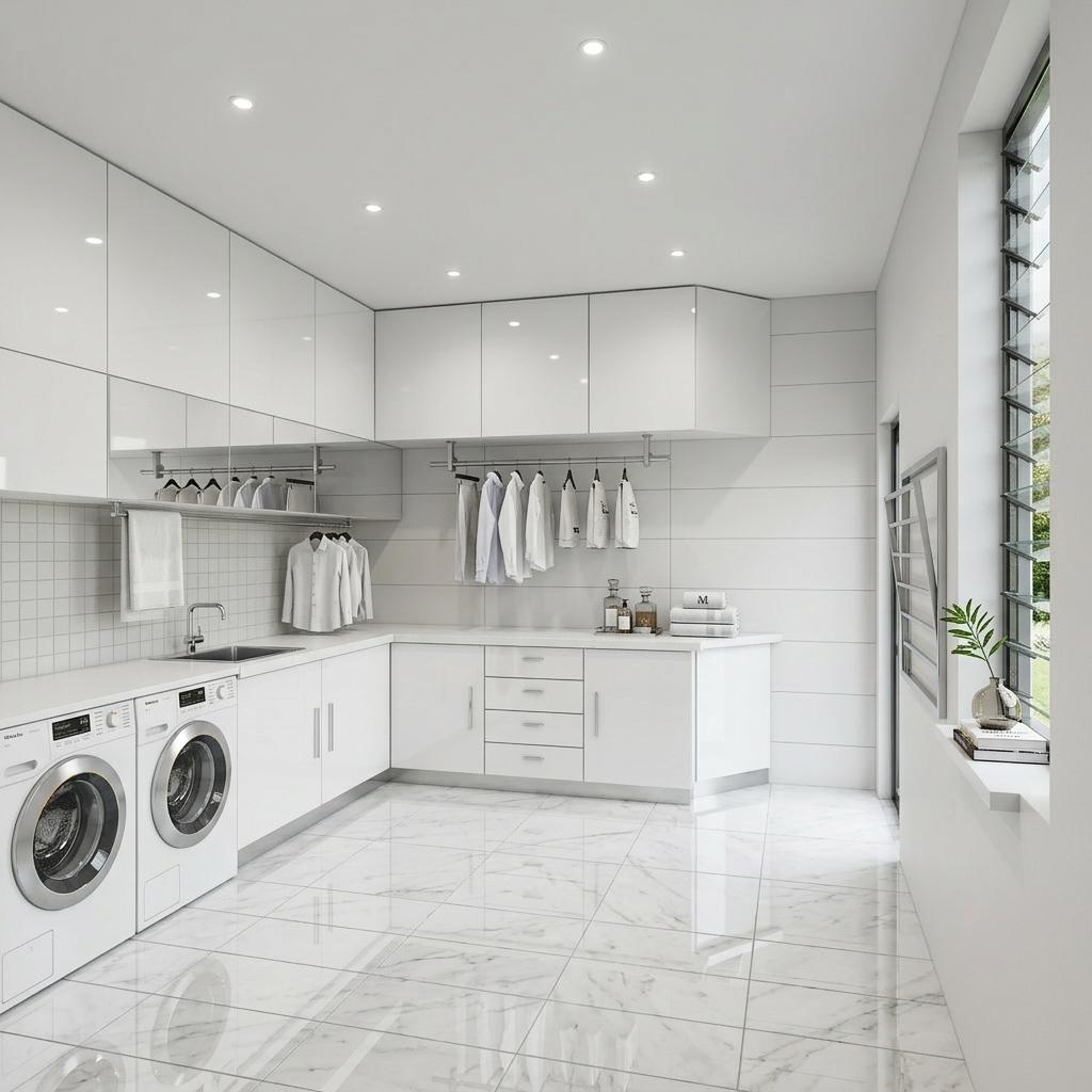 An incredibly lifelike, richly detailed, photorealistic interior photo of a hotel bathroom set in a modern, elegant environment. The scene is illuminated by bright, diffused overhead lighting, creating a clean and airy atmosphere. While the provided image suggests a laundry room, the request for a hotel bathroom implies a space designed for a different purpose. Assuming contemporary elegance, the imagined rendering would showcase a spa-like hotel bathroom, featuring gleaming white surfaces, potentially marble or high-gloss porcelain tiles, and subtle metallic accents. The vanity and cabinetry would be sleek, handle-less designs in crisp white, mirroring the modern aesthetic of the original image. A large, frameless mirror would reflect the light, expanding the sense of space. The flooring might be a large-format, polished tile in a soft, neutral tone, or perhaps a sophisticated wood-look porcelain. The overall impression would be one of pristine luxury and uncluttered serenity, with a focus on high-quality materials and minimalist design.
