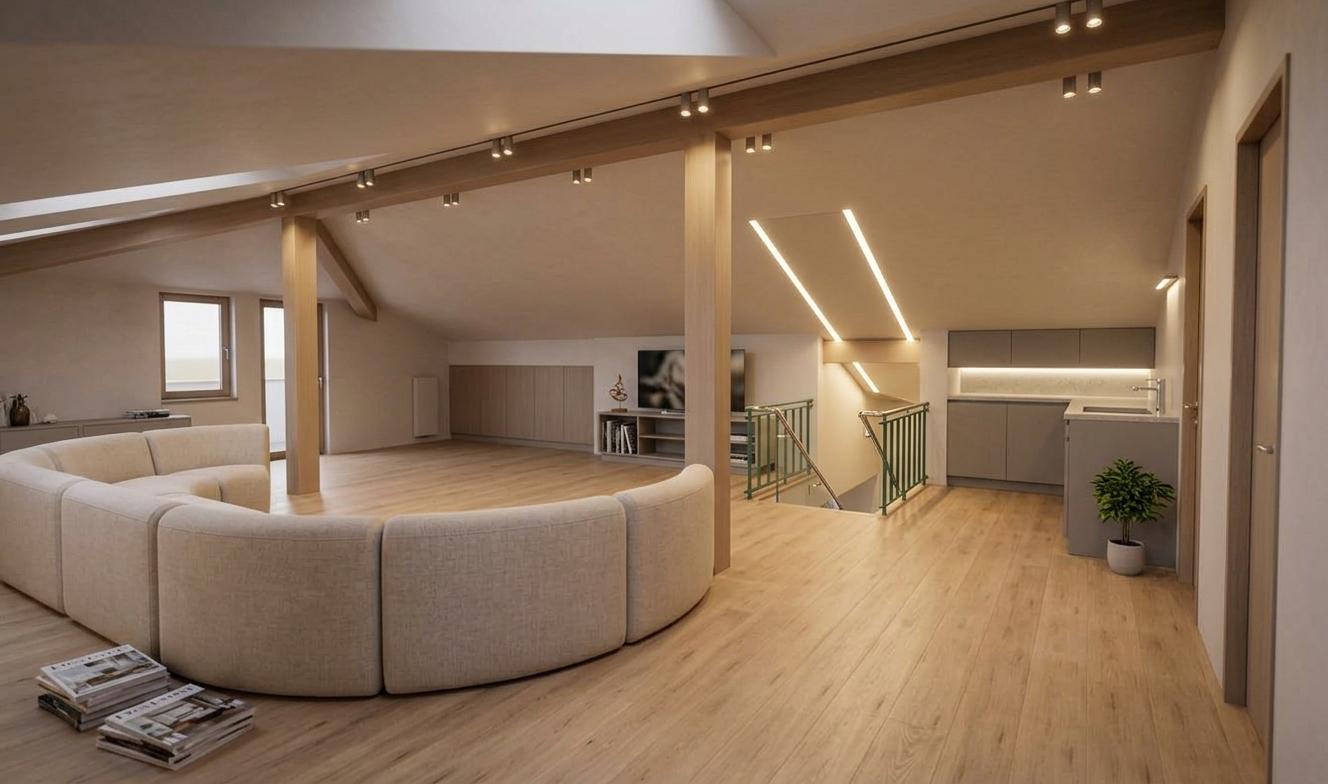 An incredibly lifelike, richly detailed, photorealistic interior photo of a modern attic space, a minimalist haven. The scene is illuminated by a combination of integrated track lighting on the angled ceiling and a linear recessed fixture above the staircase, creating a warm and inviting atmosphere. Captured with a wide-angle lens, emphasizing the expansive feel of the open-plan layout, the eye is drawn to the focal point of a gently curved, light-colored sofa with its plush texture. The floor, finished in a light oak, provides a natural warmth that contrasts beautifully with the crisp white walls and ceiling. Modern grey cabinetry defines the mini-kitchen area, subtly enhanced by integrated under-cabinet lighting, and a sleek chrome railing guides the way down the stairs. The composition effectively showcases the clean lines and sophisticated simplicity of the modern design, with a shallow depth of field subtly blurring distant elements and drawing attention to the main living area.