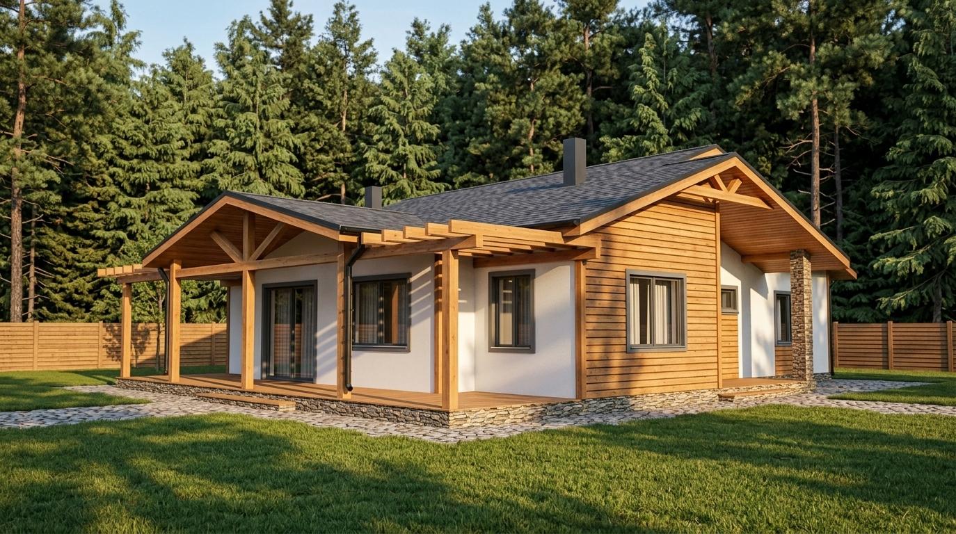 A photorealistic exterior architectural shot of a modern single-story home bathed in the warm glow of late afternoon sun, casting long, inviting shadows across the meticulously manicured lawn. The house features a striking combination facade of crisp white stucco and rich, horizontal wooden slats in a natural timber finish, creating a contemporary aesthetic. Dark gray window frames and a matching entry door are complemented by sleek, steel-colored window sills. The roof, clad in dark gray asphalt shingles, is accented by a black gutter system, while exposed wooden beams form a welcoming pergola over the porch and a partial covering for the terrace. The porch and terrace flooring are made of warm, natural wood, matching the exposed structural elements. The foundation walls are elegantly dressed in natural stone, adding a rustic counterpoint to the modern design. The background is transformed into a dense, photorealistic coniferous forest, with lush green grass interspersed with charming cobblestone pathways leading up to a simple wooden fence situated behind the house. The overall image is rendered with exceptional clarity and depth, enhancing the textures of wood grain, stone, and foliage, with a subtle depth of field that naturally draws the eye to the architectural details of the home.