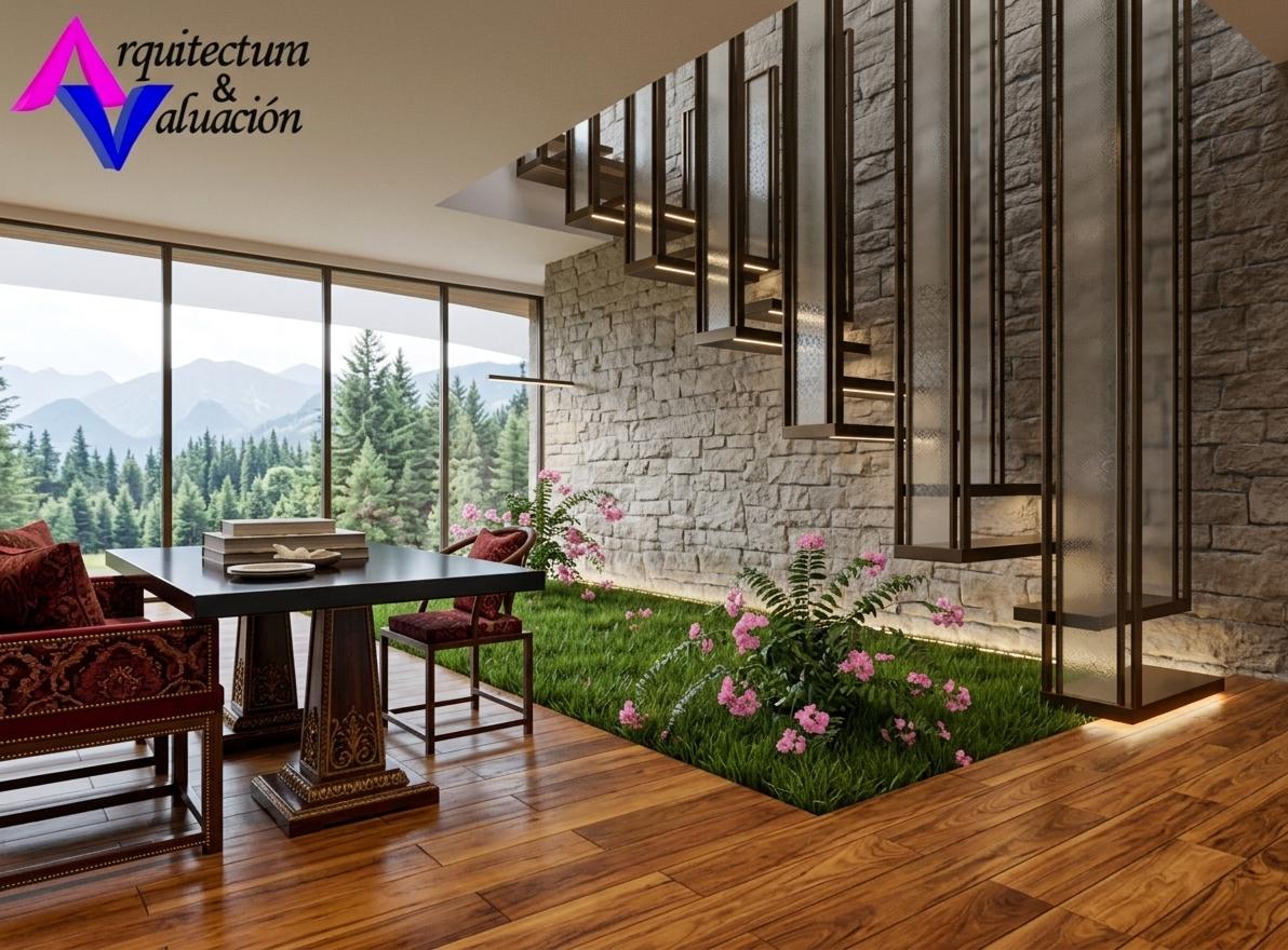 An incredibly lifelike, richly detailed, photorealistic interior photo of a sophisticated dining area set within a modern architectural space. The scene is illuminated by soft, diffused natural light streaming through large-format windows, creating a a sense of serene elegance. Captured with a wide-angle lens, emphasizing the rich, warm tones of the polished wooden flooring that meets lush, verdant indoor grass, punctuated by delicate pink flowering plants. A grand, square dining table with a dark, possibly lacquered surface and an ornate, carved wooden base anchors the space, complemented by intricately upholstered chairs in deep reds and rich neutrals, hinting at Victorian elegance. Behind the dining area, a monumental stone wall provides a rustic yet refined backdrop for a striking cantilevered staircase, its dark, slender balusters interspersed with frosted panels. The overall atmosphere is one of curated surfaces and heirloom decor, suggesting a space designed for both grand entertaining and intimate moments, akin to a scene from a high-end design photography book.