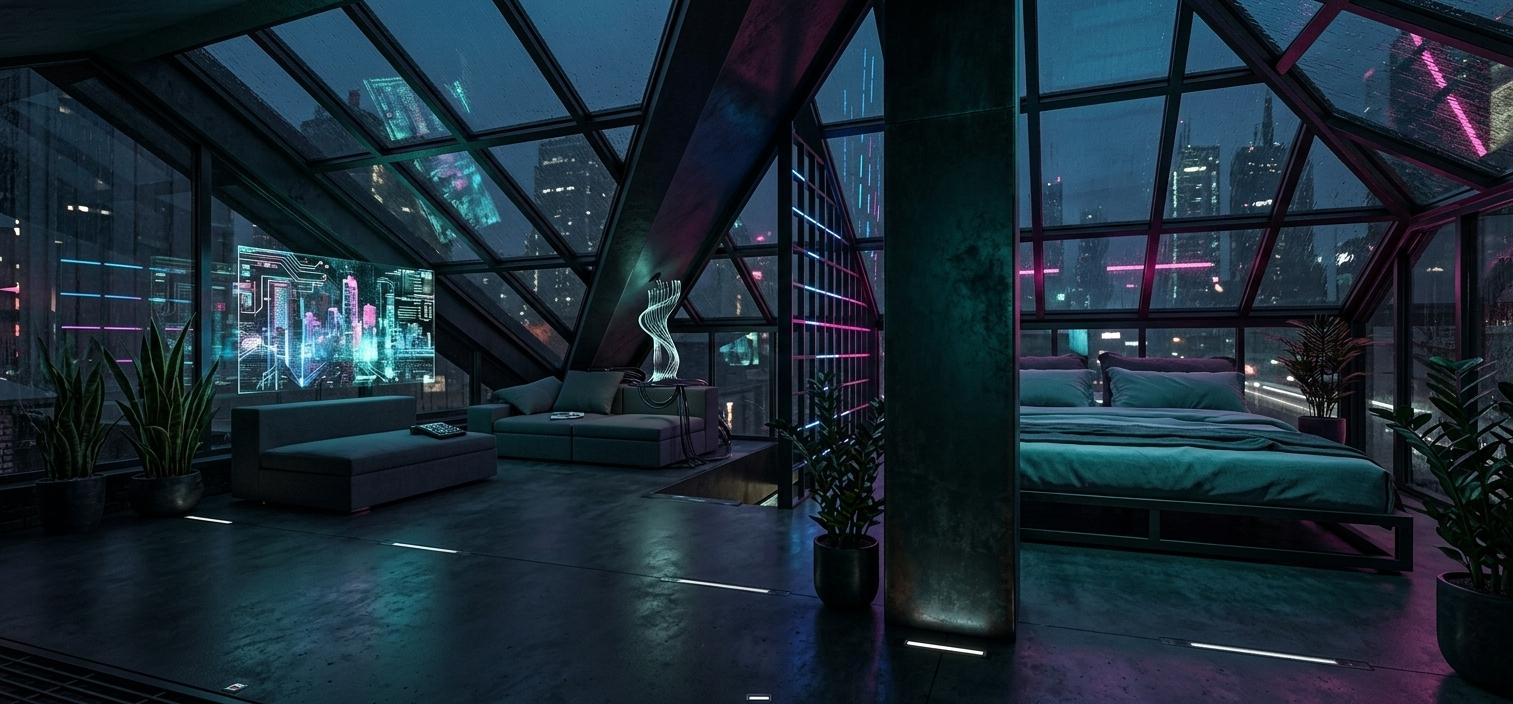 An incredibly lifelike, richly detailed, photorealistic interior photograph of a futuristic attic bedroom set in a dark, urban environment. The scene is illuminated by the moody glow of neon accents, creating a high-tech, industrial atmosphere with shades of black, gray, and vibrant neon. Captured with a wide-angle lens, emphasizing the sleek, minimalist surfaces and the interplay of metal and glass furniture. The perspective draws the eye from the holographic wall art on one side of the room to the minimalist bed with its cool teal bedding on the other. The overall aesthetic is cyberpunk decor, with a few strategically placed indoor plants adding a touch of organic contrast to the otherwise gritty, cybernetic feel. The lighting casts long, dramatic shadows, enhancing the sense of depth and the slightly unsettling yet captivating ambiance of this reimagined attic space.