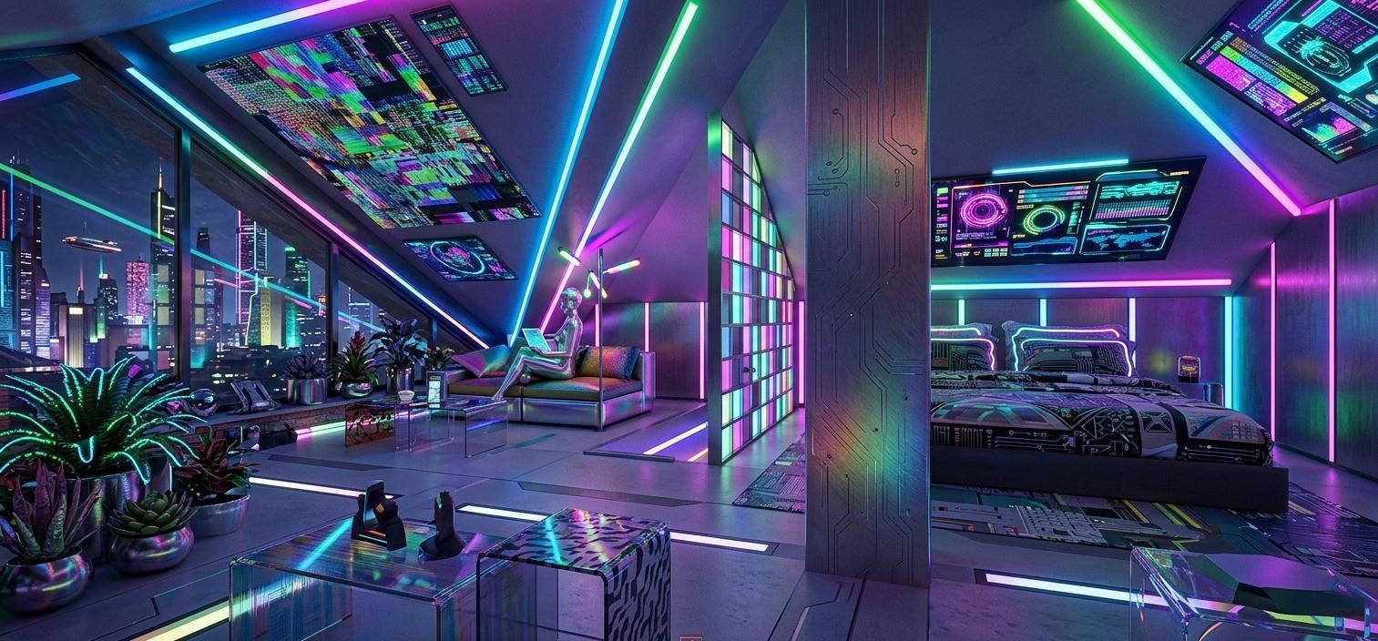 An incredibly lifelike, richly detailed, photorealistic interior photo of a vibrant attic living space set within a futuristic, techno wonderland. The scene is illuminated by dynamic, playful, and colorful neon lights casting a surreal and immersive atmosphere. Captured with a wide-angle lens, it emphasizes the eclectic surfaces adorned with glitch art wall art in shades of bright neons and contrasting hues, complemented by modular metallic and plastic furniture scattered amongst lush indoor plants. The space bursts with innovative design, blending futuristic aesthetics with playful elements. The composition draws the eye across the room, showcasing the juxtaposition of high-tech decor with organic greenery, creating an unforgettable visual experience.