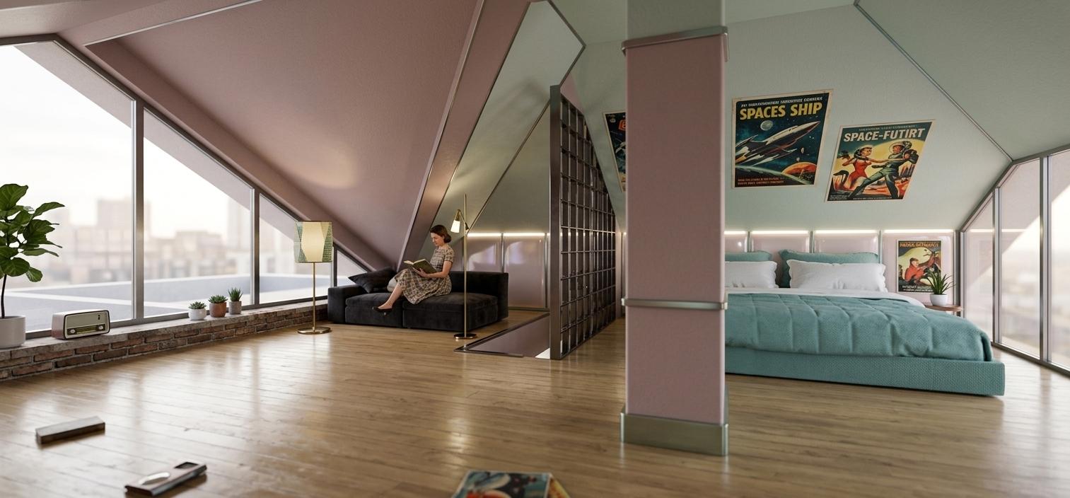 An incredibly lifelike, richly detailed, photorealistic interior photo of an attic room set in a cozy, yet innovative, retro-futuristic environment. The scene is illuminated by a soft, diffused natural light streaming through large geometric windows, highlighting the juxtaposition of mid-century modern forms and futuristic elements, creating a nostalgic, bold, and space-age atmosphere. Captured with a wide-angle lens from a slightly low perspective, emphasizing the interplay between the vaulted ceilings and the streamlined furniture, the rendering showcases a plush, dark sectional sofa with a figure engrossed in a book, complemented by a distinctive floor lamp. To the right, a minimalist bed dressed in a serene teal comforter and crisp white linens anchors the sleeping area, divided by a striking, open-weave geometric partition that adds a touch of visual intrigue. The walls, in predominantly pastel shades with metallic accents, are adorned with stylized, vintage sci-fi poster wall art, while hints of stylized surfaces and indoor plants suggest a thoughtfully curated, innovative living space. The composition draws the eye across the room, from the textural brickwork base of the exterior wall to the clean lines of the furniture and the expansive windows, all rendered with a shallow depth of field that subtly blurs the background, enhancing the focus on the room's unique design narrative.