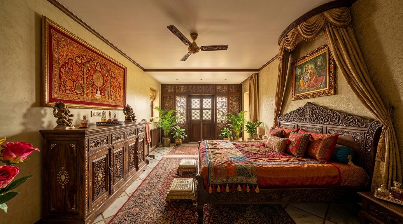 An incredibly lifelike, richly detailed, photorealistic interior photograph of a luxurious bedroom captured in a style evoking Indian exuberance. The scene is illuminated by a warm, inviting light, perhaps late afternoon sun filtering through ornate window treatments, creating an opulent and spiritual atmosphere. Captured with a wide-angle lens, emphasizing the rich textures of hand-knotted rugs beneath a large, draped bed with an intricately carved wooden headboard, and the polished sheen of carved wooden and brass furniture. An elaborate credenza to the left is adorned with various decorative items, while a large, vibrant Indian textile wall art hangs above the bed, its shades of rich reds, oranges, and golds commanding attention. The walls themselves feature detailed Indian-inspired decor, possibly with textured paint or intricate plasterwork, and several indoor plants add touches of verdant life. The overall impression is one of handcrafted beauty, bold colors, and a deeply ingrained sense of cultural richness, as if a page from an exquisite photography book showcasing opulent Indian interiors.