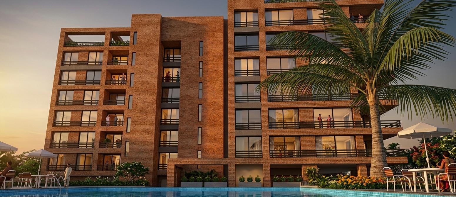 An incredibly lifelike, richly detailed, photorealistic wide-angle architectural photograph of a multi-story residential building rendered at sunset in a vibrant spring environment. The scene is illuminated by the warm, golden hues of the setting sun, casting long shadows and creating a serene, slightly warm atmosphere, evoking a sense of "Indian exuberance" through its rich color palette and lively details. Captured with a wide-angle lens that emphasizes the grandeur of the architecture and its surrounding elements, the photograph showcases every intricate detail of the building's facade. The warm, textured brickwork of the structure is rendered with exquisite realism, each brick having its own subtle variations in color and surface. Large windows with dark frames contrast with the brick, reflecting the deepening sky and hinting at the comfortable living spaces within. Balconies are dotted with stylized representations of people enjoying the evening, some conversing, others relaxing, adding a sense of life and scale. A magnificent palm tree, its fronds lush and green, partially obscures the building on the right, its texture so palpable you can almost feel its rough bark and delicate leaves. In the foreground, a pristine, blue-tiled swimming pool shimmers, reflecting the sky and the building, contributing to the overall sense of a luxurious resort. White patio furniture, including round tables and chairs with striped cushions, are neatly arranged around the pool, some occupied by figures, all bathed in the soft, ambient light of dusk. The meticulous detail in the landscaping, with neatly arranged greenery and planters, further enhances the feeling of a well-appointed and welcoming space. The depth of field is subtly managed, keeping the building and foreground elements sharp while the background sky transitions into a soft, hazy gradient, a hallmark of professional architectural photography.