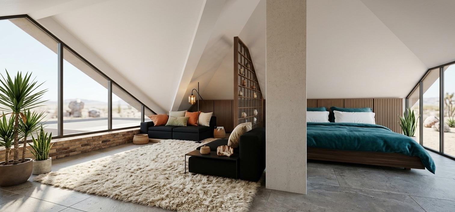 An incredibly lifelike, richly detailed, photorealistic interior photo of a stylish attic bedroom and lounge area, set within a serene desert retreat. The scene is illuminated by soft, natural daylight streaming through expansive geometric windows, creating a tranquil and inviting atmosphere. Captured with a wide-angle lens, the rendering emphasizes the clean lines of the modern architecture and the subtle textures of the materials. White-painted sloped ceilings define the attic space, contrasting with the warm brickwork along the lower exterior wall. In the lounge area, a sleek black sofa invites relaxation, accessorized with plush throw pillows and complemented by a luxuriously shaggy rug that adds a touch of comfort. A distinctively designed floor lamp stands nearby, casting a warm glow. Adjacent to the lounge, a striking shelving unit with a grid-like pattern serves as a stylish partition, hinting at the transition to the sleeping area. The bedroom itself features a minimalist platform bed dressed in crisp white linens and a soothing teal duvet, all framed by a wall of tall, subtly outlined vertical elements suggesting built-in wardrobes or decorative panels. Scattered room plants are strategically placed near the windows, introducing a touch of vibrant green and life into the arid surroundings, further enhancing the sense of a peaceful desert sanctuary.