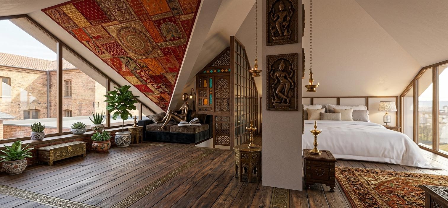 An incredibly lifelike, richly detailed, photorealistic interior photo of an eclectic attic space set in a warm, inviting environment. The scene is illuminated by soft, ambient light, creating a vibrant, bold, and spiritual atmosphere. Captured with a wide-angle lens, emphasizing the handcrafted, ornate, and opulent textures that fill the space, a photography book with pages slightly ajar rests on a dark, plush sofa where a stylized figure is seated. Behind the figure, walls are adorned with a tapestry of Indian textile art, featuring shades of rich reds, oranges, and golds that pop against the muted tones of the attic's sloped ceiling. Carved wooden and brass furniture pieces are strategically placed, their adorned surfaces hinting at a rich cultural narrative. Pops of color and intricate patterns are echoed in strategically placed indoor plants that bring a touch of nature into this opulent, Indian-inspired decor haven. In the background, a bed with crisp white linens and plush neutral-toned pillows promises a sanctuary of comfort.