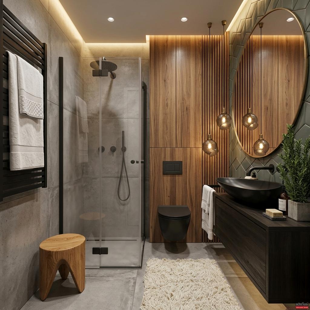An incredibly lifelike, richly detailed, photorealistic interior photo of a luxurious hotel bathroom set in a contemporary, elegant environment. The scene is illuminated by a combination of soft, recessed ceiling lighting and warm, pendant lights above the vanity, creating an inviting and serene atmosphere. Captured with a wide-angle lens, emphasizing the sophisticated interplay of textures and materials. A sleek, matte black toilet with a concealed cistern projects from a wall clad in vertical, natural wood slats, offset by a minimalist, dark grey vanity. This vanity supports a strikingly modern, sculpted vessel sink in polished white ceramic, accented by a matte black faucet. Above the basin, a large, irregular oval mirror with a geometric frame reflects the scene, while a cluster of four industrial-inspired pendant lights hang elegantly. The shower enclosure features frosted glass panels and a dual-head shower system, with discreet recessed shelving integrated into the tiled interior walls for added luxury. A plush, cream-colored shag rug softens the sleek, large-format grey tiled floor, and a minimalist black heated towel rack on the adjacent wall holds neatly folded white towels. A single, organic, carved wooden stool adds a touch of natural warmth, contrasting with the surrounding polished surfaces. The overall impression is one of refined, modern opulence, where natural materials are expertly combined with sleek, high-end fixtures, suggesting a space designed for ultimate relaxation and comfort.