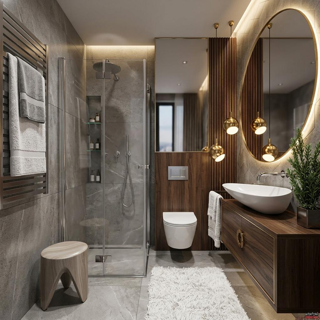 An incredibly lifelike, richly detailed, photorealistic interior photograph of a luxury hotel bathroom set in a modern, sophisticated urban environment. The scene is illuminated by a combination of warm, indirect hidden lighting emanating from behind an oversized, art deco-inspired oval mirror and the focused glow of four stylish pendant lamps featuring opulent brass finishes, creating a glamorous yet intimate atmosphere. Captured with a wide-angle lens, emphasizing the sleek lines and premium materials, the photograph draws the viewer into a space defined by its exquisite blend of cool, large-format grey stone tiles and warm, vertical wood paneling. The spacious walk-in shower enclosure, framed by polished chrome, features integrated glass shelves within its side walls, offering both practicality and a touch of elegance. Adjacent to the shower, a wall-mounted toilet is seamlessly integrated into a custom-built dark wood cabinet, maintaining the bathroom's streamlined aesthetic. A dramatically sculpted, high-end vessel sink with a polished chrome faucet sits atop a sleek, dark vanity with warm wood drawer fronts, exuding art deco glamour. A plush, high-pile white rug softens the floor, contrasting with the polished grey tiles. The depth of field is masterfully controlled, sharp focus on the vanity area and sink, gently softening the background elements, enhancing the luxurious and inviting feel of this opulent sanctuary.