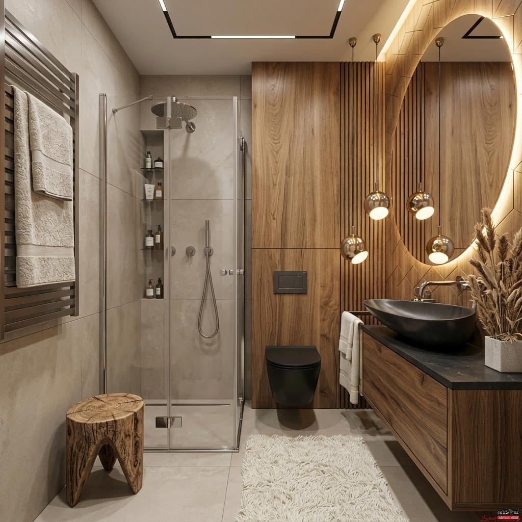 An incredibly lifelike, richly detailed, photorealistic interior photo of a luxurious hotel bathroom set in a modern, mid-century inspired environment. The scene is illuminated by sophisticated, layered lighting, including a linear fixture elegantly recessed into the ceiling and subtle hidden illumination casting a warm glow around the expansive oval mirror above the vanity, creating a sophisticated and opulent atmosphere. Captured with a wide-angle lens, this shot emphasizes the dramatic interplay of textures and materials: the cool, understated elegance of beige tiled walls on the left, contrasted with the warm, natural grain of the wood-paneled accent wall. The shower cabinet, framed by sleek chrome hardware, features discreet recessed shelving, showcasing meticulous attention to detail. The black wall-hung toilet offers a bold, contemporary statement, anchored by a plush, ivory textured rug underfoot. The vanity area is transformed into a masterpiece of luxury, with a strikingly modern, dark-toned countertop housing an artistic, high-end washbasin. Suspended pendant lights with polished metallic spheres add a touch of dramatic flair, their warm light reflecting off the surfaces and highlighting the rich wood cabinetry below. A tasteful arrangement of dried reeds in a minimalist planter provides a sophisticated natural element, completing this "wow" luxury design.