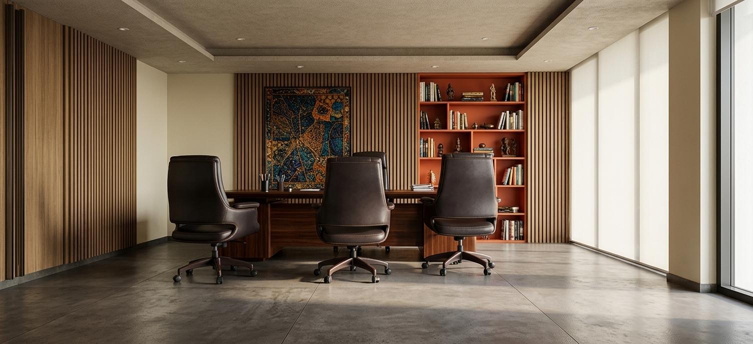 An incredibly lifelike, richly detailed, photorealistic interior photo of a modern office set in a sophisticated urban environment. The scene is illuminated by soft, ambient lighting that emanates from subtle ceiling fixtures, creating a warm and inviting atmosphere. Captured with a wide-angle lens, the rendering emphasizes the expansive layout and intricate design details.

The office space features a large, executive desk as the central focal point, crafted from dark, polished wood that gleams under the illumination, reflecting the subtle textures of the room. Three high-backed, ergonomic office chairs with rich, dark leather upholstery are positioned around the desk, exuding an air of comfort and professionalism. The back wall is a masterpiece of design, incorporating panels of muted cream and striking vertical stripes in a complementary shade, creating a rhythmic visual flow. A large, abstract art piece, perhaps a stylized tapestry or a sculpted panel, is mounted on the cream section, hinting at Indian exuberance with its implied richness of color and intricate patterns.

To the right, a striking bookshelf unit dominates the wall, its shelves painted a vibrant terracotta orange. This bold color choice, a nod to Indian aesthetics, is filled with a curated collection of books, decorative objects, and subtle nods to cultural motifs, suggesting a personalized and richly layered space. The detailed rendering of these items, from the spines of the books to the textures of the decorative objects, adds a sense of realism and depth.

The ceiling incorporates subtle design elements, perhaps recessed lighting or a textured finish that adds to the overall polished feel of the space. The flooring appears to be a smooth, matte material, possibly polished concrete or a dark-toned wood, subtly reflecting the light and grounding the composition. Though not explicitly visible, the context implies a spacious, modern building with impeccable craftsmanship. The rendering possesses a high degree of realism with crisp shadows and defined edges that highlight the architectural elements and material finishes.