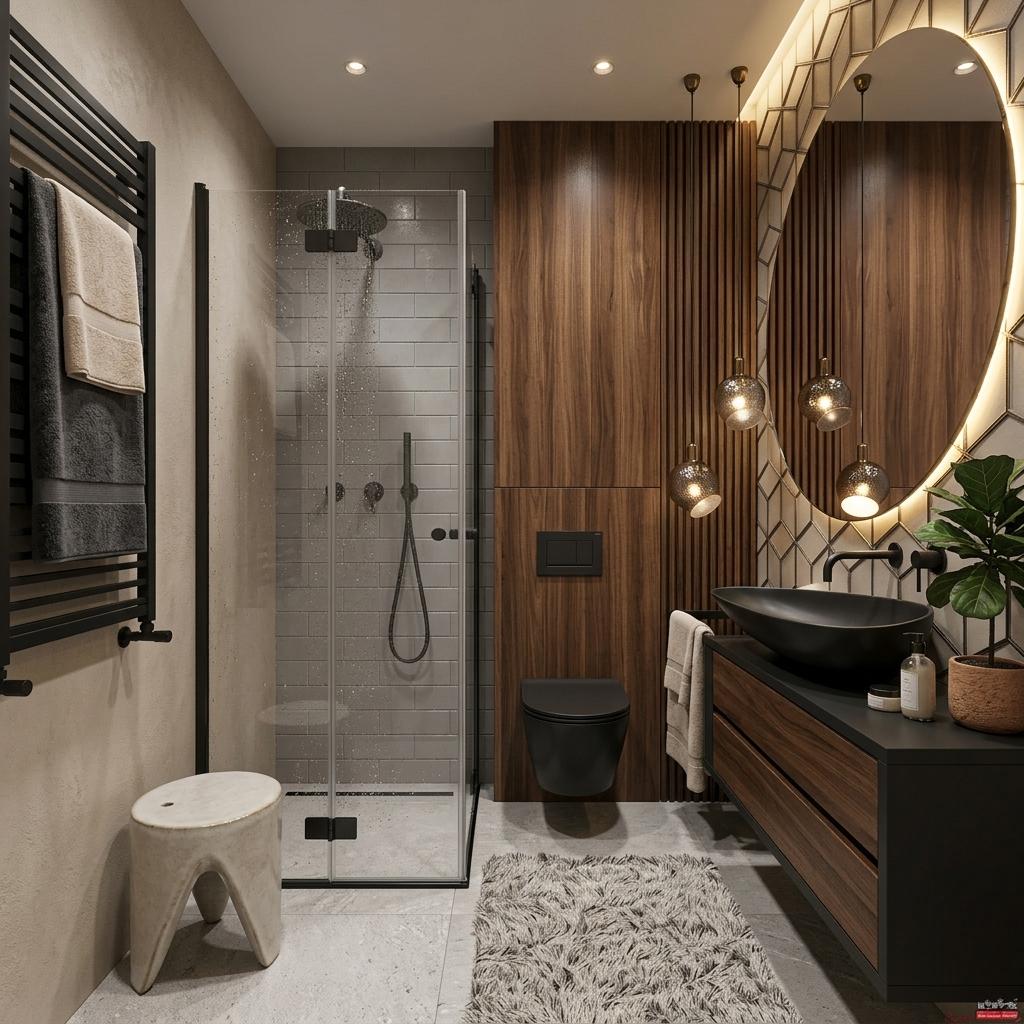 An incredibly lifelike, richly detailed, photorealistic interior photo of a luxury hotel bathroom set in a modern fusion environment. The scene is illuminated by a combination of discreet ceiling lighting fixtures and a warm, soft glow emanating from hidden LED strips behind the large, oval mirror, creating a sophisticated and inviting atmosphere. Captured with a wide-angle lens, emphasizing the interplay of textures and luxurious finishes, the rendering showcases walls finished in a subtle beige tone. The sleekness of the gray tiled shower enclosure, with its minimalist black fixtures, is juxtaposed against the rich warmth of the wood-paneled wall that frames a striking, contemporary black toilet and a dramatic, custom-shaped black basin. Below the basin, a dark vanity with wooden accents grounds the vanity area, while a plush, high-pile rug adds a touch of softness underfoot. The overall composition offers a sense of depth and spaciousness, with the geometric patterns in the mirror's frame and the ribbed wood detailing adding visual interest without overwhelming the serene ambiance.
