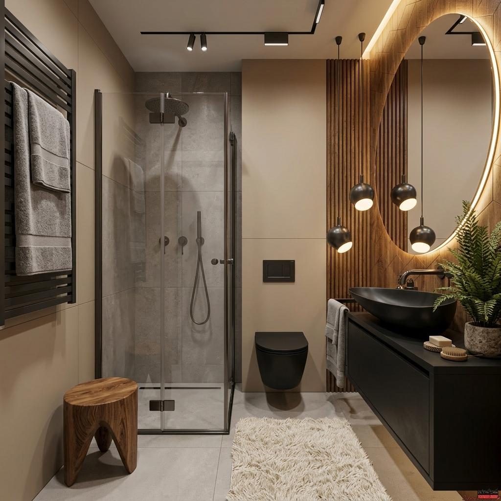 An incredibly lifelike, richly detailed, photorealistic interior photograph of a luxurious hotel bathroom.  The scene is illuminated by a combination of warm, hidden LED lighting tracing the perimeter of the large, oval mirror above the vanity and a series of sleek, modern track lights positioned on the ceiling, creating a sophisticated and inviting atmosphere. Captured with a wide-angle lens, emphasizing the interplay of textures and the spacious feel of the room, the rendering showcases a harmonious blend of colonial classic elegance with contemporary luxury. The walls are rendered in a refined beige hue, providing a warm backdrop that softens the cooler tones of the dark, matte-finished vanity and the striking black, sculptural handwashing basin. The toilet bowl, also in a dramatic matte black, is seamlessly integrated into the wall, echoing the minimalist design of the vanity. Natural wood paneling, featuring a rich, visible grain, adorns the wall behind the vanity and extends along the adjacent wall, adding organic warmth and texture that contrasts beautifully with the polished surfaces. The shower enclosure, framed in dark metal and accessed by elegant glass doors, reveals grey tiled walls and a modern rain shower head. A plush, cream-colored rug softens the floor in front of the vanity, its deep pile inviting touch. Subtle yet impactful details, such as the contemporary black towel warmer fitted with plush grey towels and a carved wooden stool placed near the shower, contribute to the overall sense of refined comfort and understated opulence. Reflections in the polished dark faucet and the glass shower door add depth, while soft shadows cast by the overhead lights enhance the three-dimensional quality of the space.