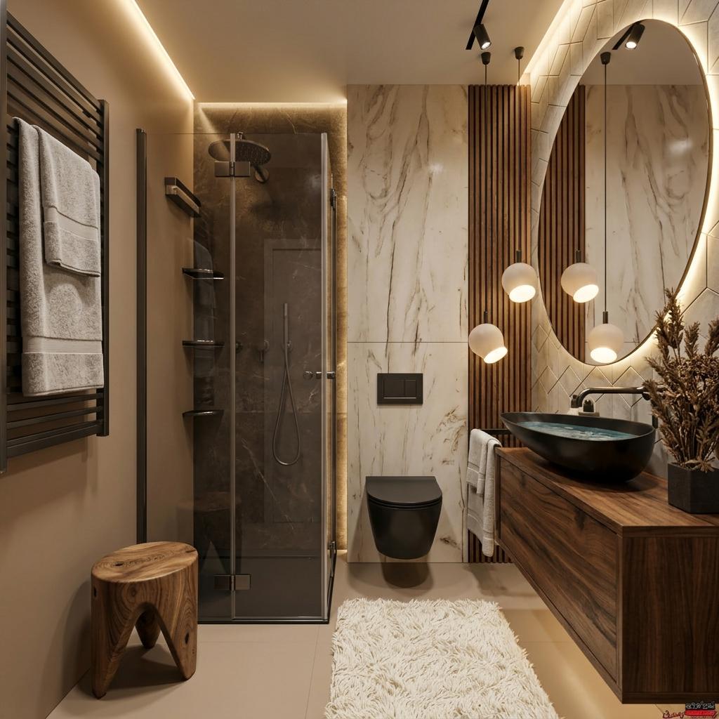 An incredibly lifelike, richly detailed, photorealistic interior photo bathed in the warm embrace of ambient and accent lighting, depicting a luxurious hotel bathroom designed as a serene Mediterranean retreat. The scene is illuminated by subtle, hidden LED strips tracing the perimeter of the ceiling and casting a soft glow from behind the large, frameless mirror, with additional magnetic track lighting providing focused illumination over the vanity area. This creates a tranquil and opulent atmosphere, inviting relaxation. Captured with a wide-angle lens, emphasizing the spaciousness and sophisticated material palette, this rendering showcases the exquisite interplay of textures and finishes. The walls are adorned in a sophisticated beige tone, offering a warm and inviting backdrop. To the left, a sleek, dark-toned radiator displays plush, light grey towels, flanking a contemporary glass-enclosed shower with striking dark interiors. Inside the shower, subtle side shelves offer sleek storage solutions crafted from a dark, polished material. Opposite the shower, a wall-mounted black toilet and a striking black, modern handwashing basin sit atop a rich, dark wooden vanity with clean lines, embodying contemporary luxury. The large, oval mirror above the vanity reflects the bathroom's sophisticated details, framed by vertical slatted wooden panels that introduce a natural, organic element. Beneath the vanity, a thick, plush, off-white rug adds a layer of comfort and absorbs sound. A unique, sculptural wooden stool provides a functional yet artistic accent piece near the shower. The overall composition draws the eye across the luxurious finishes, with a shallow depth of field subtly blurring the background elements, drawing focus to the meticulously crafted fixtures and the harmonious balance of cool tones and warm wood.