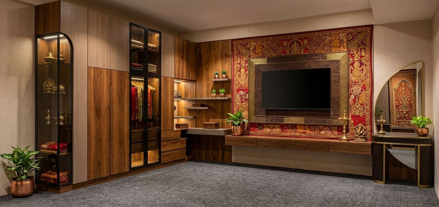 An incredibly lifelike, richly detailed, photorealistic interior photo of a bedroom set in a modern Indian home. The scene is illuminated by soft, warm ambient light, creating a vibrant, bold, spiritual, and opulent atmosphere. Captured with a professional camera, emphasizing the rich reds, oranges, and golds of the Indian textile wall art, the intricate carvings on the wooden and brass furniture, and the adorned surfaces. The space features a large, built-in wardrobe with a mix of neutral-toned panels and a section with dark-tinted glass, revealing glimpses of shelved interiors. Adjacent to this is a wall unit incorporating warm-toned wood paneling that forms the backdrop for a modern television set, framed by a subtle, textured border. Below the television, a series of minimalist drawers are integrated into a floating console, complemented by delicate open shelving. To the right, a striking rounded vanity unit with mirrors reflects the richly textured environment. Scattered indoor plants add touches of life and color, enhancing the overall handcrafted and exuberant feel of the room. A dark gray carpet grounds the space, while the perspective draws the viewer's eye across the varied textures and opulent details, evoking the feeling of browsing through a high-end design photography book.