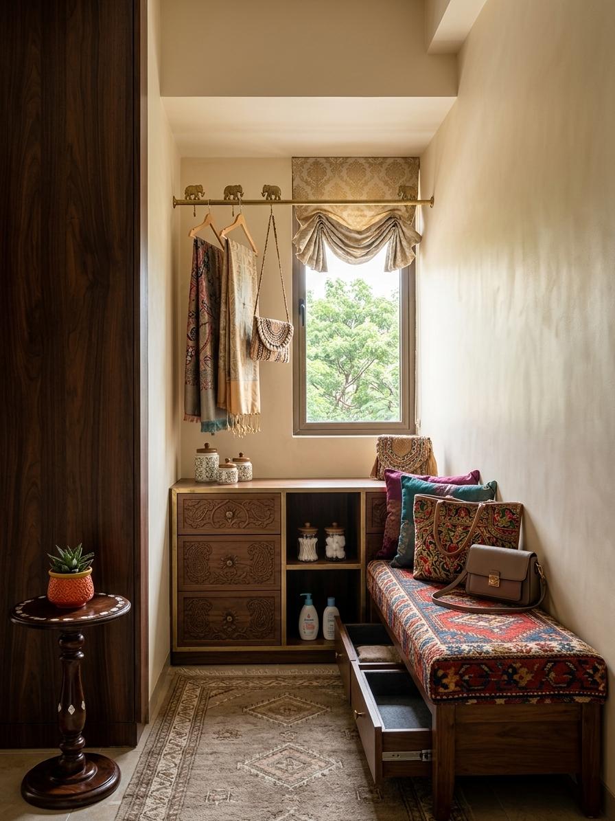 An incredibly lifelike, richly detailed, photorealistic interior photo of a bedroom corner set in a contemporary Indian home. The scene is illuminated by soft, diffused natural light filtering through a nearby window, creating a warm and inviting atmosphere. Captured with a wide-angle lens, emphasizing the rich textures of wood and fabric, and the subtle interplay of light and shadow.

This reimagined design transforms the functional, slightly utilitarian corner into a visually rich and highly organized sanctuary, embodying "Indian exuberance" through curated beauty and practical elegance. The existing dark wood built-in wardrobe remains a strong anchor, its deep, rich grain lending an air of sophistication. However, the stark white walls are softened with a warm, creamy beige textured paint, reminiscent of natural plaster, adding depth and warmth.

The main intervention focuses on thoughtful storage solutions. To the right of the wardrobe, a new built-in unit is introduced, specifically designed for baby toiletries and towels. This unit features a series of shallow, pull-out drawers with carved wooden fronts in a slightly lighter, warm walnut tone. The carvings would be inspired by traditional Indian motifs – perhaps a delicate paisley or a stylized floral pattern, subtly integrated into the wood. The top drawer would be lined with a soft, washable cotton in a muted teal or coral, perfect for storing delicate baby items. Below this, deeper drawers with push-to-open mechanisms would house fluffy, absorbent cotton towels in soft pastels. Above these drawers, open shelving with delicate brass inlay would display curated ceramic jars holding cotton buds, baby lotions, and other essentials.

Opposite this, a low-slung wooden bench with integrated storage would be installed, its surface upholstered in a richly patterned Kilim rug with a vibrant color palette of reds, blues, and ochre. This bench serves a dual purpose: a comfortable spot to sit and a discreet storage solution for handbags. The top of the bench would be designed to display a selection of the most beautiful handbags – a large, intricately embroidered tote and a smaller, structured shoulder bag – allowing them to become decorative elements themselves. Beneath the bench, pull-out drawers, accessible from the front and lined with felt, would house additional handbags, ensuring they remain dust-free and easily accessible. A few plush cushions in coordinating jewel tones would complete the bench, inviting relaxation.

Over the bench, instead of the current haphazard pile of laundry, we envision a beautifully crafted hanging system. A brass rail, subtly curved and adorned with a small brass elephant motif at each end, would extend across this section of the wall. From this rail, several exquisitely woven silk scarves and a bohemian-style clutch purse would be casually draped, adding a touch of ethereal elegance and color to the space.

The window remains a focal point, but the utilitarian red fabric is replaced with a custom-made valance in a luxurious silk-blend fabric, featuring a subtle damask pattern in gold and cream. This valance would frame the view of lush green trees outside, enhancing the sense of connection with nature. A small, round pedestal table made of dark, polished wood, perhaps with a mother-of-pearl inlay on its surface, would sit beneath the window, holding a small, vibrant terracotta planter with a resilient succulent.

The floor, currently tiled, would be layered with a soft, hand-knotted wool rug in a muted, earthy tone with a geometric Indian pattern, grounding the space and adding a layer of plush comfort. The existing electrical outlets, while functional, would be discreetly integrated into a custom-made wooden panel, ensuring they don't detract from the overall aesthetic.

The overall atmosphere is one of understated luxury and cultural richness. The time of day would be late morning, with the sun casting dappled light through the trees, creating playful patterns on the floor and walls. The air would feel calm and serene, yet filled with the warmth and vibrancy of Indian design. The scale of the furniture is carefully considered; the storage units are proportionate to the room, ensuring ease of movement. The balance between the dark wood wardrobe and the lighter, textured walls, along with the pops of color from the textiles and decorative accents, creates a harmonious and visually pleasing asymmetry. This space is not just about storage; it's a curated corner that celebrates functionality with artistic flair, a small testament to "Indian exuberance" in its most refined form.