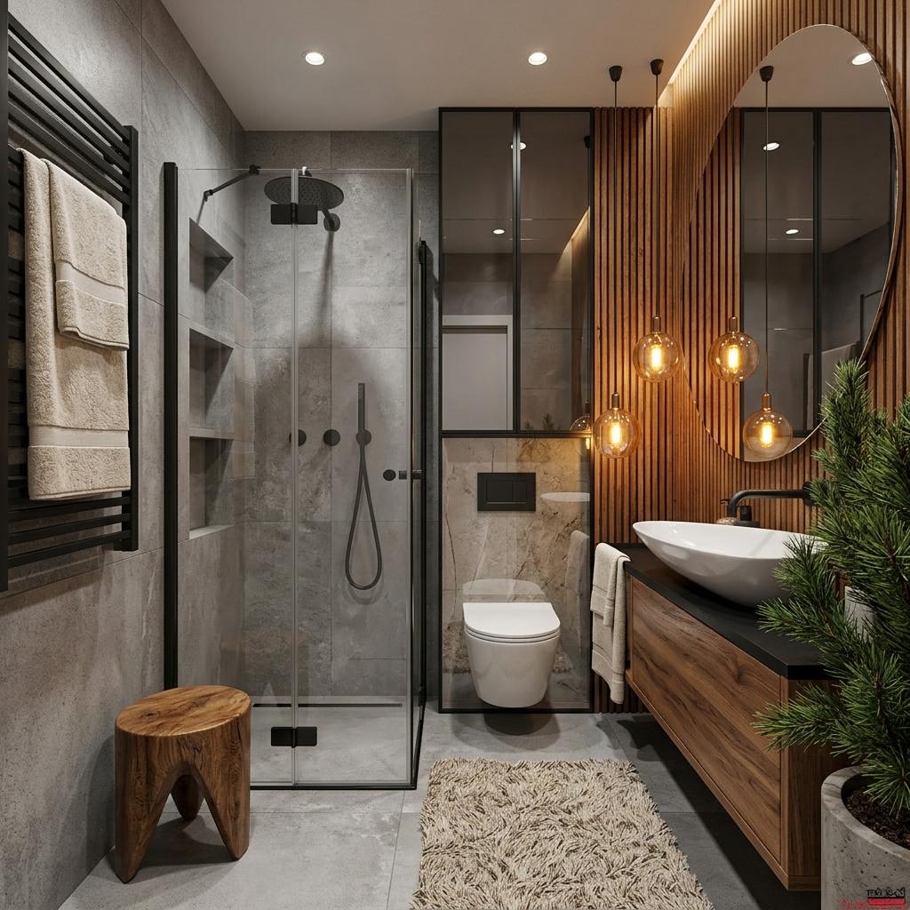 An incredibly lifelike, richly detailed, photorealistic interior photograph of a mid-century modern hotel bathroom. The scene is illuminated by a combination of subtle recessed ceiling lights and the warm glow of decorative pendant lights suspended over a floating vanity, creating a luxurious and inviting atmosphere. Captured with a wide-angle lens, emphasizing the material contrasts and spatial depth. The space features a seamless glass-enclosed shower with integrated side shelves, a wall-hung toilet concealed within a sleek glass cabinet that mirrors the shower's design, and a striking vanity with a matte black countertop topped by an avant-garde vessel sink. Warm, vertically slatted wood paneling grounds the vanity wall, contrasting beautifully with the cool, large-format grey tiles of the shower enclosure. A textured, plush rug softens the minimalist floor tiles, while a black heated towel rack and a rustic wooden stool add functional elegance. The overall impression is one of sophisticated comfort, where natural textures and contemporary design elements converge to create a truly high-end experience.