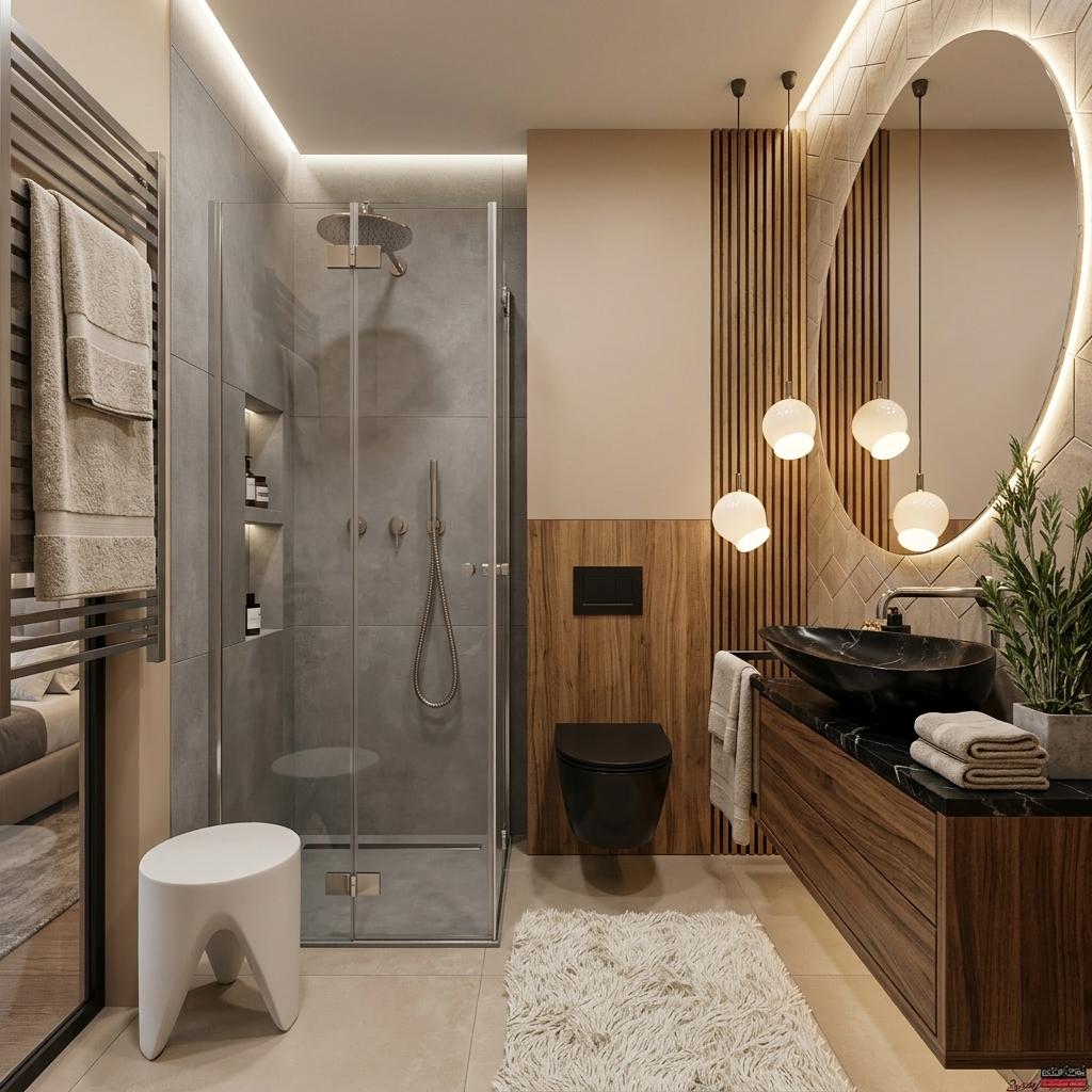 An incredibly lifelike, richly detailed, photorealistic interior photo of a luxurious hotel bathroom, presented as a minimalist haven. The scene is illuminated by a combination of ambient ceiling strip lighting and warm, focused pendant lights, creating a sophisticated and inviting atmosphere. Captured with a wide-angle lens, emphasizing the clean lines and premium finishes, this rendering beautifully showcases the interplay of textures and materials. The walls, rendered in a soft, elegant beige, provide a warm backdrop to the cool tones of the large-format grey tiles surrounding the shower. The shower enclosure, a marvel of modern design with a sleek glass sliding door, features a minimalist rain showerhead and a convenient side shelf system built directly into the enclosure's wall. Adjacent to the shower, a suspended black toilet bowl is seamlessly integrated into a feature wall of vertical wooden slats, adding natural warmth and texture. To the right, a striking elliptical mirror, subtly backlit with hidden LED strips, presides over a floating vanity. The vanity's black stone countertop elegantly cradles an avant-garde black basin, its sculptural form contrasting with the rich wood grain of the drawers below. A plush, ivory shag rug softens the tiled floor, adding a tactile element to this impeccably designed space. The overall impression is one of understated opulence and serene functionality.