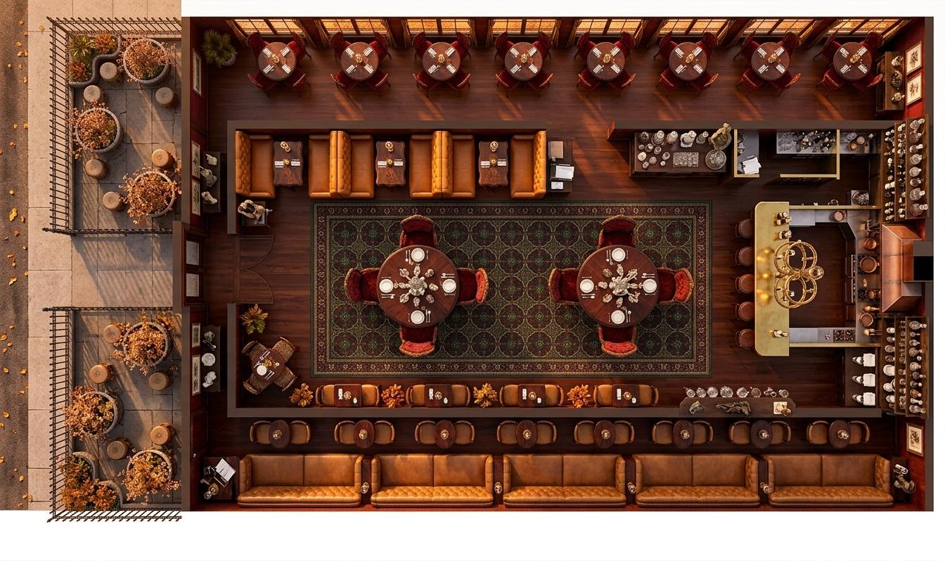 An overhead floorplan-style photograph captures a lavish Victorian-era restaurant bathed in the warm, amber glow of sunset, hinting at a crisp autumn evening outside. The scene evokes a sense of timeless elegance, with an opulent layout featuring meticulously arranged seating areas. Deep reds and golds are suggested by the overall color palette, complementing intricate, carved wooden tables and plush, upholstered seating. Curated surfaces and heirloom decor are implied throughout, contributing to a sophisticated and refined atmosphere. In the foreground, several circular seating arrangements are visible, perhaps with ornate chair backs, and leading the eye further into the establishment. To the left, a series of smaller, circular planters with delicate foliage suggest an outdoor patio area or decorative indoor plants. The main dining area showcases rows of rich, neutral-toned seating, likely benches or booths, arranged for intimate dining. Further in, the bar area is detailed with a long, polished counter, behind which an array of bottles and glassware hint at a well-stocked establishment. The composition adopts a bird's-eye perspective, immersing the viewer in the grand, inviting layout of this sophisticated dining space, emphasizing the intricate details and the opulent design choices consistent with a photography book's depiction of classic portrait wall art settings.
