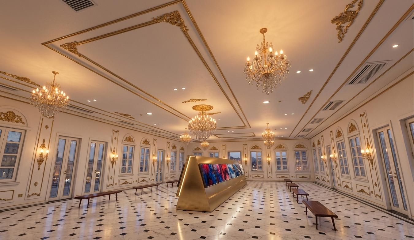 An incredibly lifelike, richly detailed, photorealistic interior photo of a grand hotel lobby in the Victorian elegance style. The scene is illuminated by the warm glow of ornate crystal chandeliers and wall sconces, creating a luxurious and inviting atmosphere. Captured with a wide-angle lens, emphasizing the soaring white ceilings accented with intricate gold trim and rococo-inspired flourishes. The walls are a pristine white, adorned with delicate gold inlay and symmetrical paneling, mirroring the formal patterns of the black and white marble floor. Long, dark wood benches with minimalist benches are symmetrically placed along the walls, offering quiet respite amidst the opulence. The focal point of the room is a striking, tiered golden exhibit, its angular form a modern counterpoint to the classical surroundings, displaying vivid abstract art. Large, multi-paned windows offer glimpses of a twilight cityscape bathed in soft, ambient light. The proportions of the space are grand, with a sense of formal balance, yet the arrangement encourages a serene flow, inviting guests to pause and admire the exquisite details.